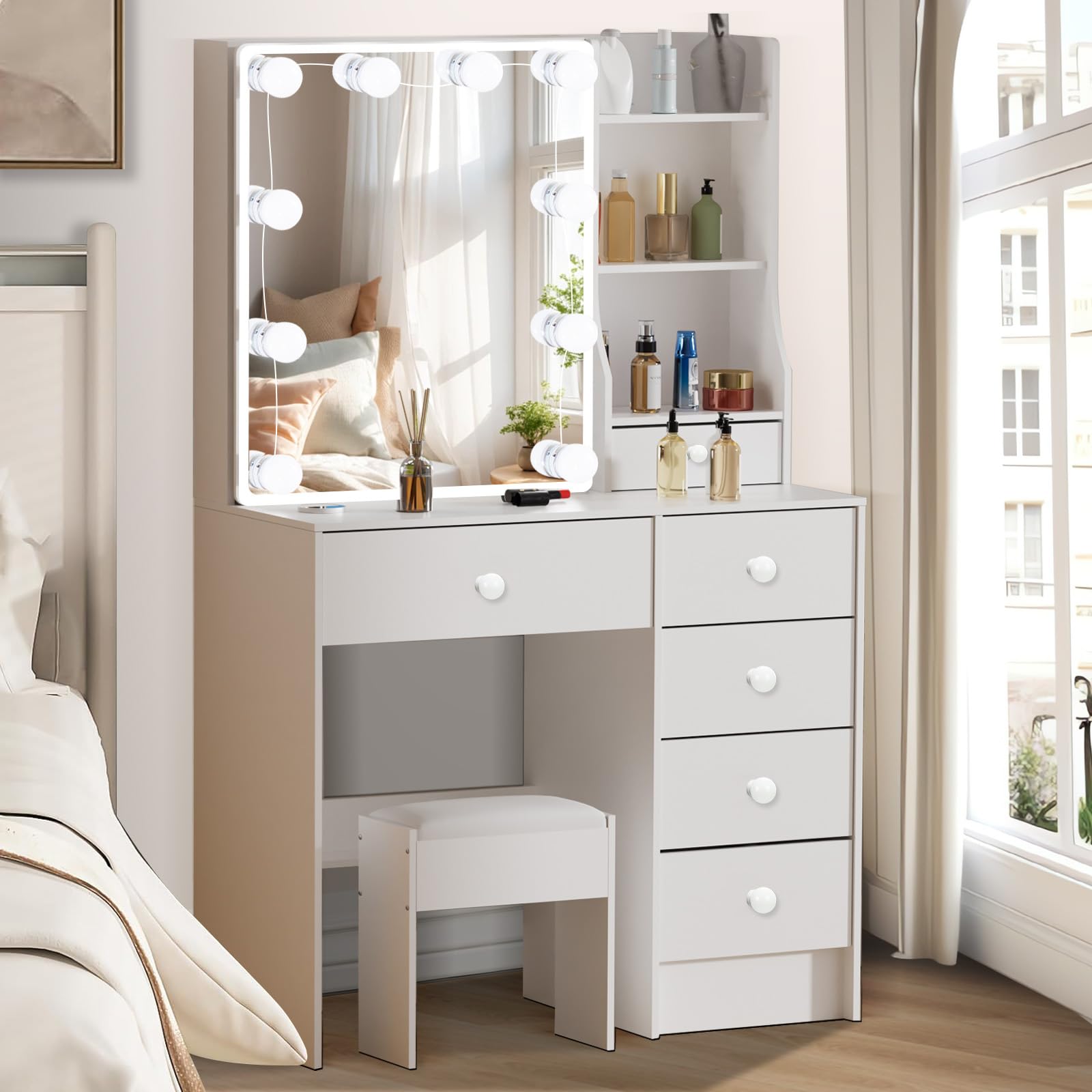 Aovquof Coiffeuse avec éclairage LED hollywoodien, miroir et tabouret, 7 tiroirs et 6 compartiments ouverts, moderne en bois pour chambre à coucher