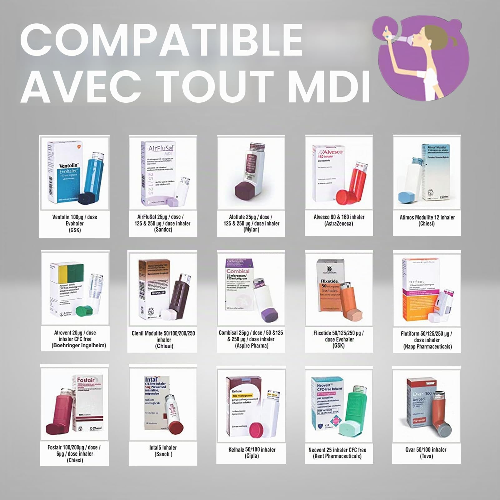 Chambre d'inhalateur avec masque et étui de transport de voyage, chambre d'aérosol utilisée avec n'importe quel inhalateur de dose dosée (MDI) pour l'asthme et les problèmes respiratoires (adulte)