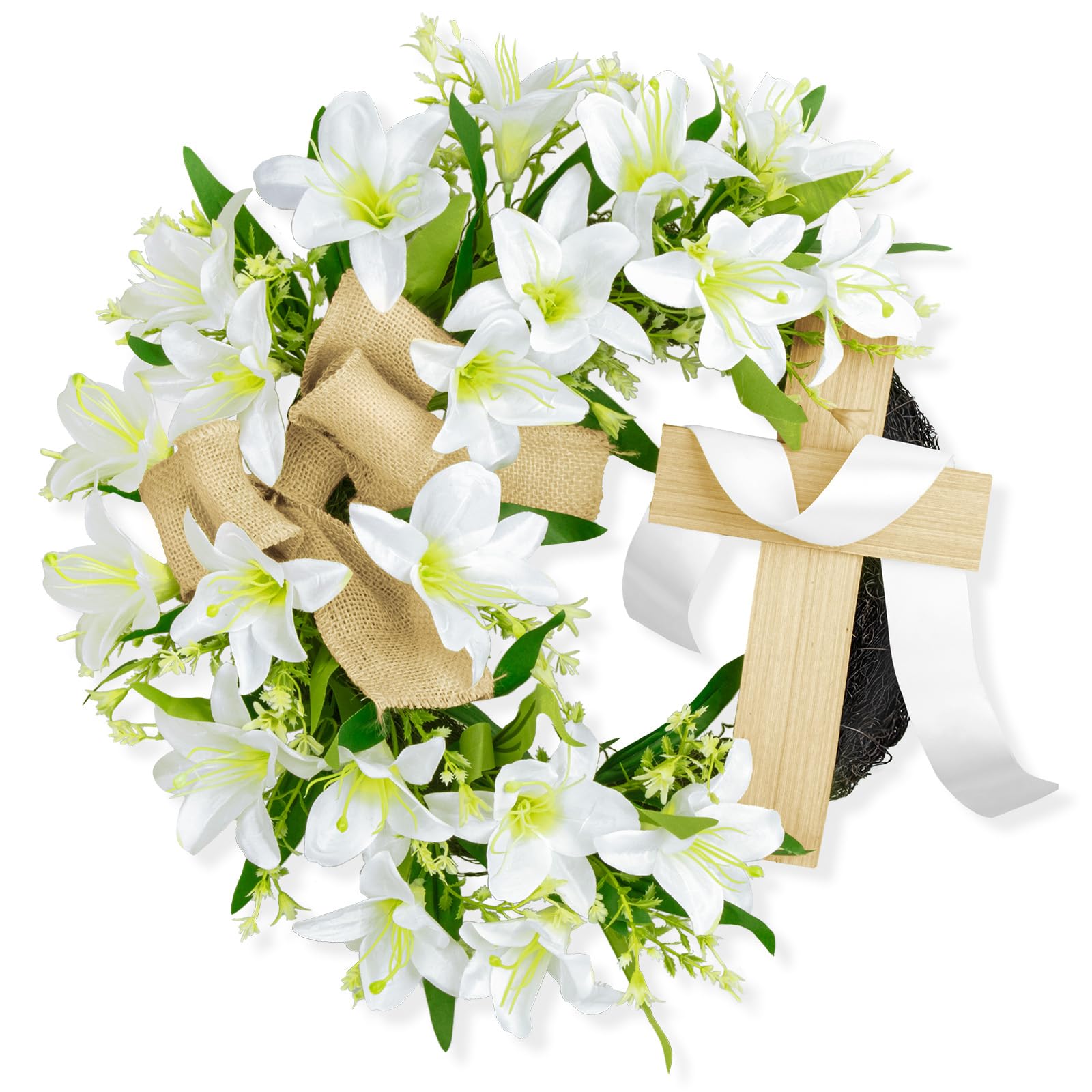Photo 1 of 20 Inch Easter Lily Cross Wreath for Front Door Easter Religious Crosses Wreath Artificial Lily Flowers Christian Garland Hanging Ornament for Spring Holiday Wall Window Party Decor