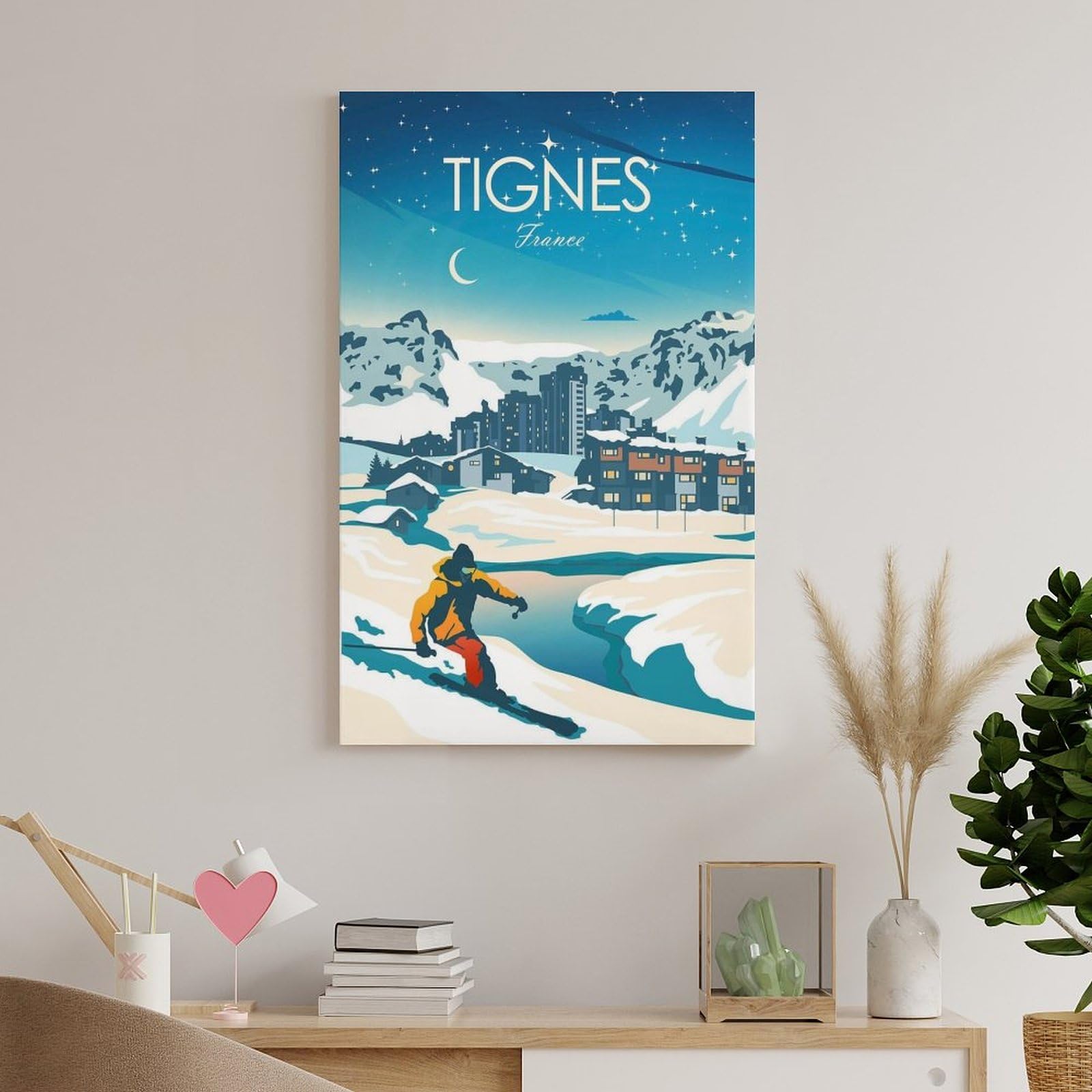 FUPMTKLT Poster su tela, motivo: Ski Tignes France Skiers, decorazione per camera da letto, ufficio, camera da letto, regalo, 60 x 90 cm