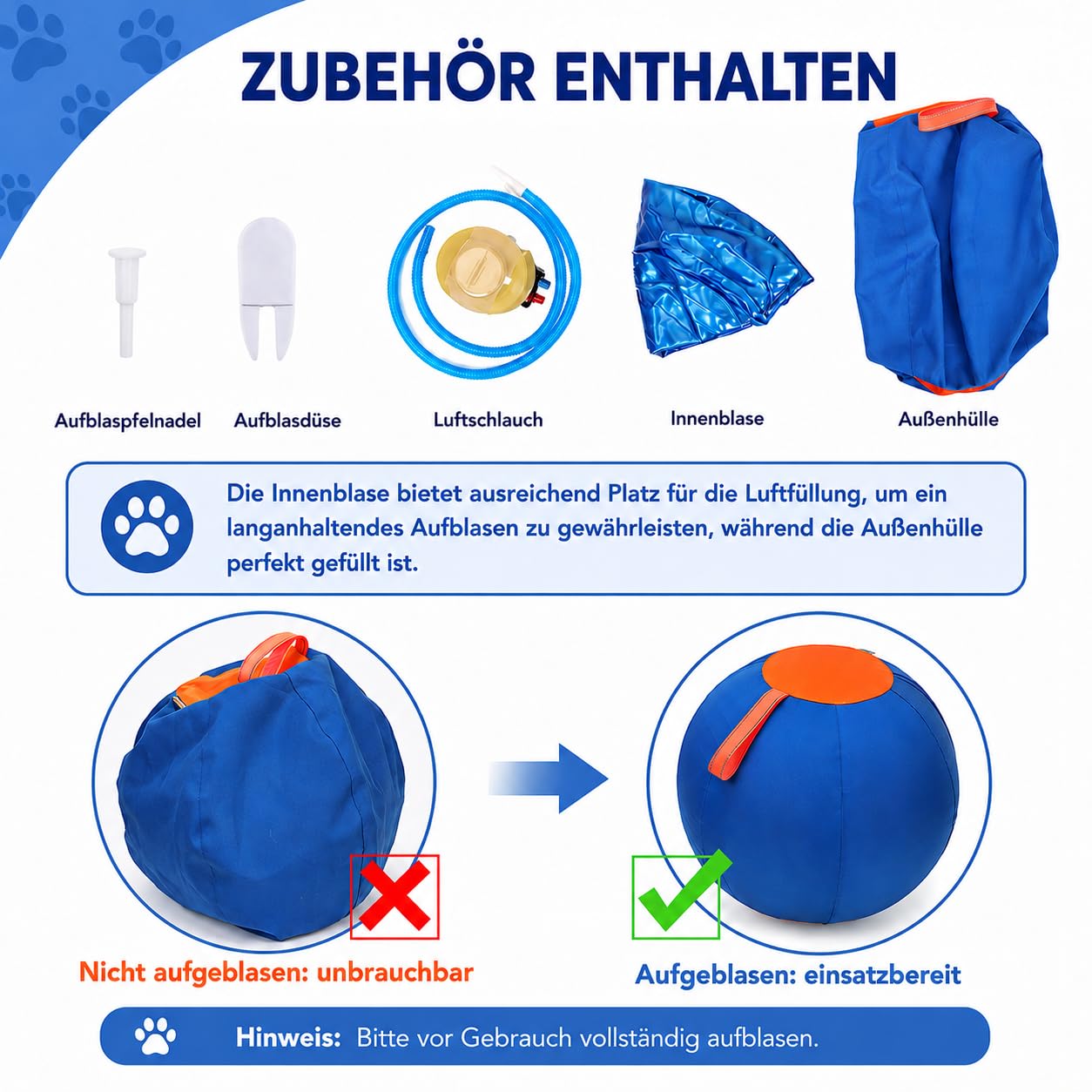 DZ'HUE Lentiva Norden Treibball– Aufblasbarer Herding Ball für mittlere & große Rassen, Kau- und kratzfester Hüteball mit Handschlaufe, Riesen Hundeball für Outdoor Training (Farbmuster,M-55cm)