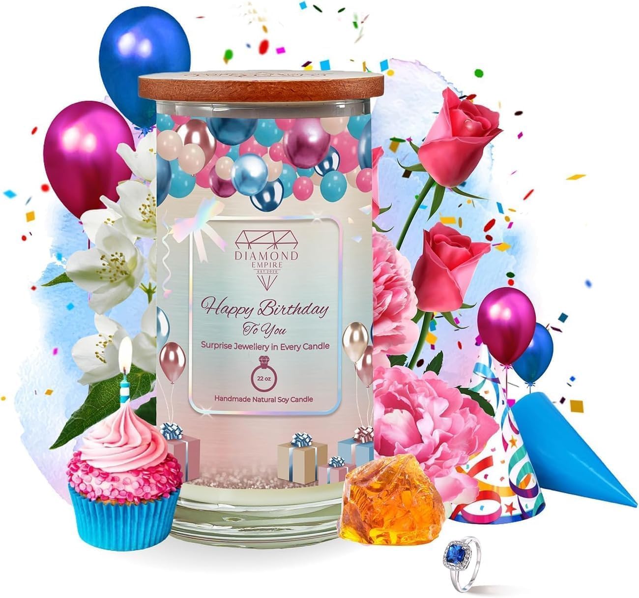 Diamond Empire Happy Birthday Candle with Surprise Jewellery Inside (Surprise Jewelry Valued up to £2,500) 2 Wick Candle (Burn up to 120 H) - Necklace