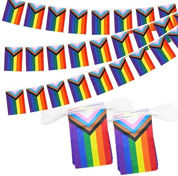 76PCS/100 Feet Progress Pride Flags Banner, LGBTQ Pride Bunting with String for Garden Bar, Bunting Flags for Outdoor Indoor Party Decoration Celebrating Month Events