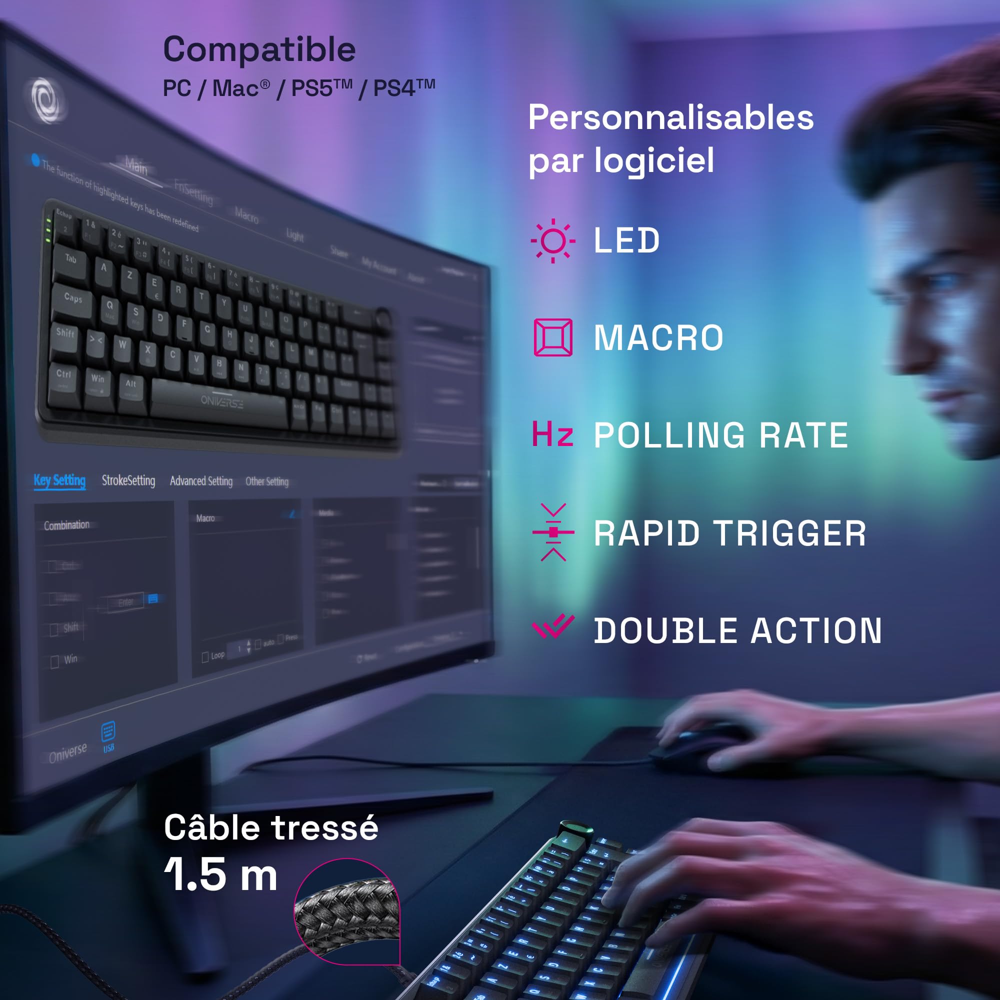 Przewodowa klawiatura magnetyczna do gier 65% z przełącznikami Halla Effect, Rapid Trigger, regulacja działania 0,1 mm, zapobiegająca duchom, 8000 Hz, LED, AZERTY, do komputerów PC/Mac