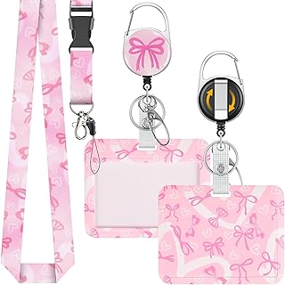 Uniclife Fashionable Sliding Badge Holder Bowknot Pattern Plastic Card Holder with Retractable Badge Reel Carabiner & Detachable Lanyard Card Protector for Office Worker Teacher Student