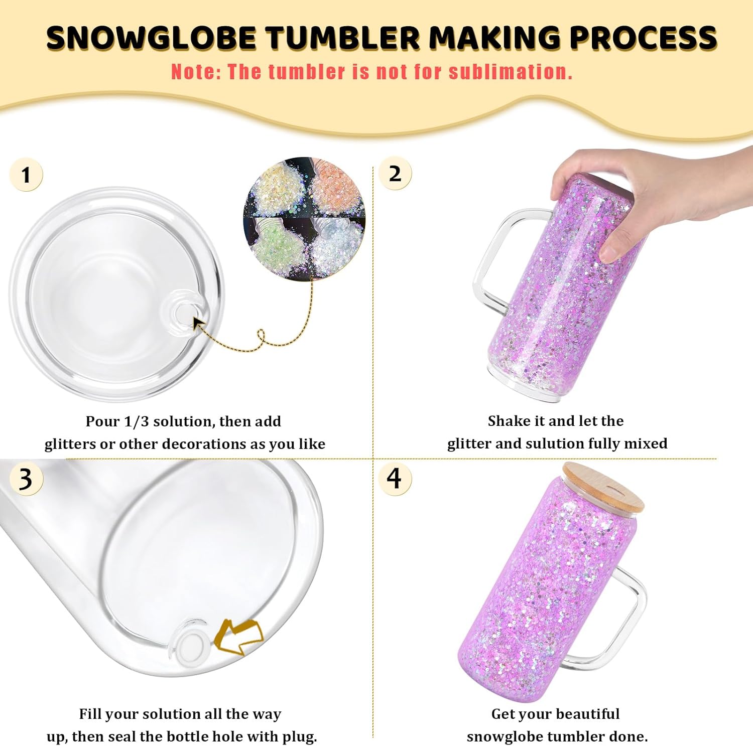 20 Oz Snow Globe Glass Cup With Handle, 6 Pack Pre-Drilled Double Wall Glass Coffee Mug For Snowglobe Diy Glitter, Double Wall Snow Globe Tumbler with Bamboo Lid - Image 5