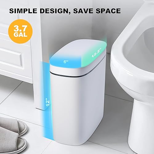 Miniatura 2 de Supteron Bote de basura automático inteligente con tapa para baño, 14 L3.7 galones, sin contacto, eléctrico, impermeable, estrecho, pequeño, para