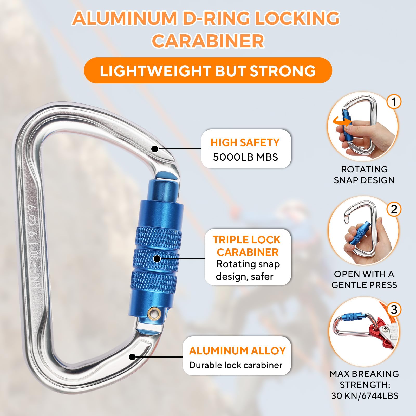 Cable de alambre de acero, kit de cordón de posicionamiento de arborista de protección contra caídas | Arborist - Equipo de escalada de árboles con gancho giratorio, mosquetón de triple bloqueo y ajustador de cuerda