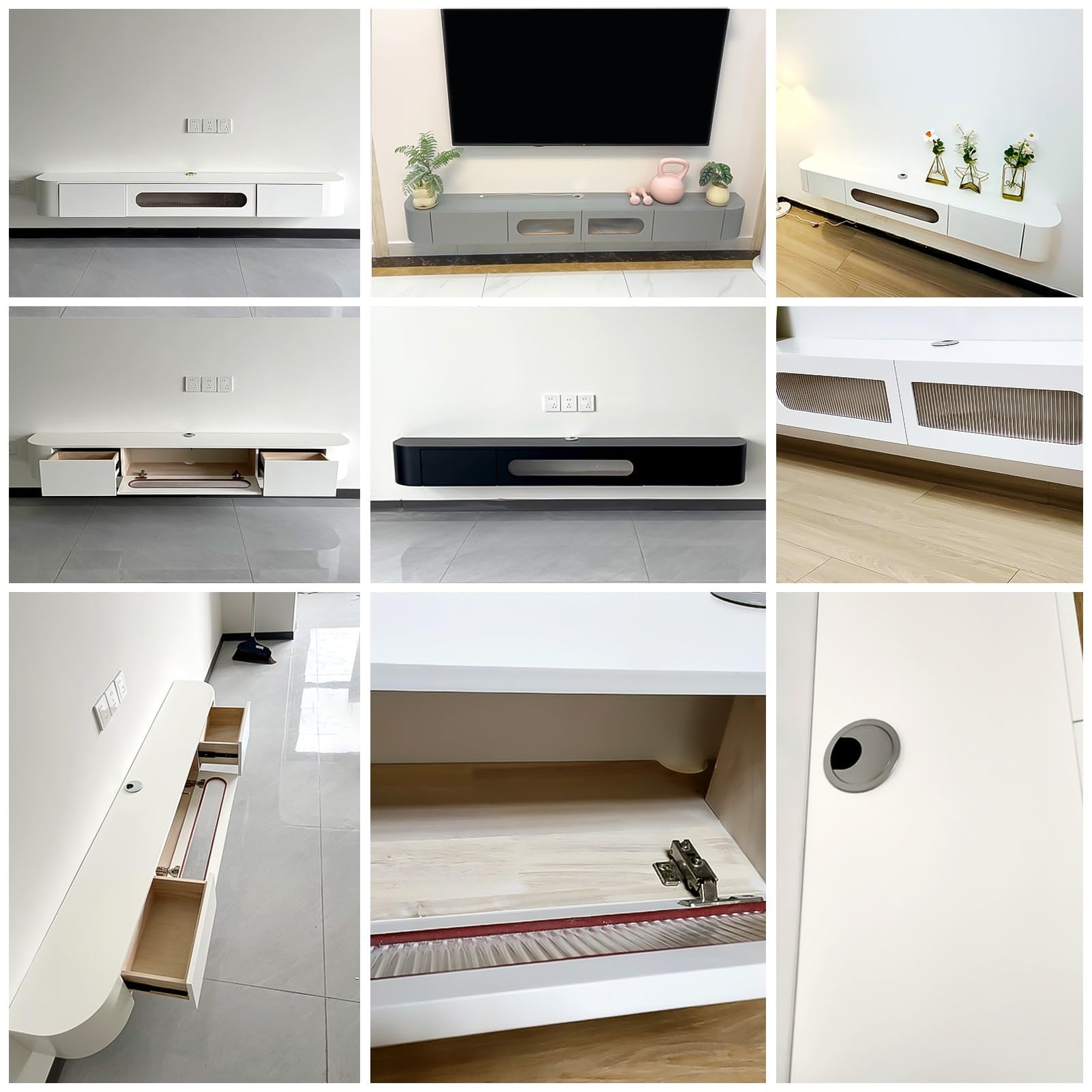 Pływająca szafka pod telewizor nowoczesna drewniana konsola ścienna z szufladami i drzwiami do salonu stojak do przechowywania pod telewizorem szary 180 x 24 x 20 cm