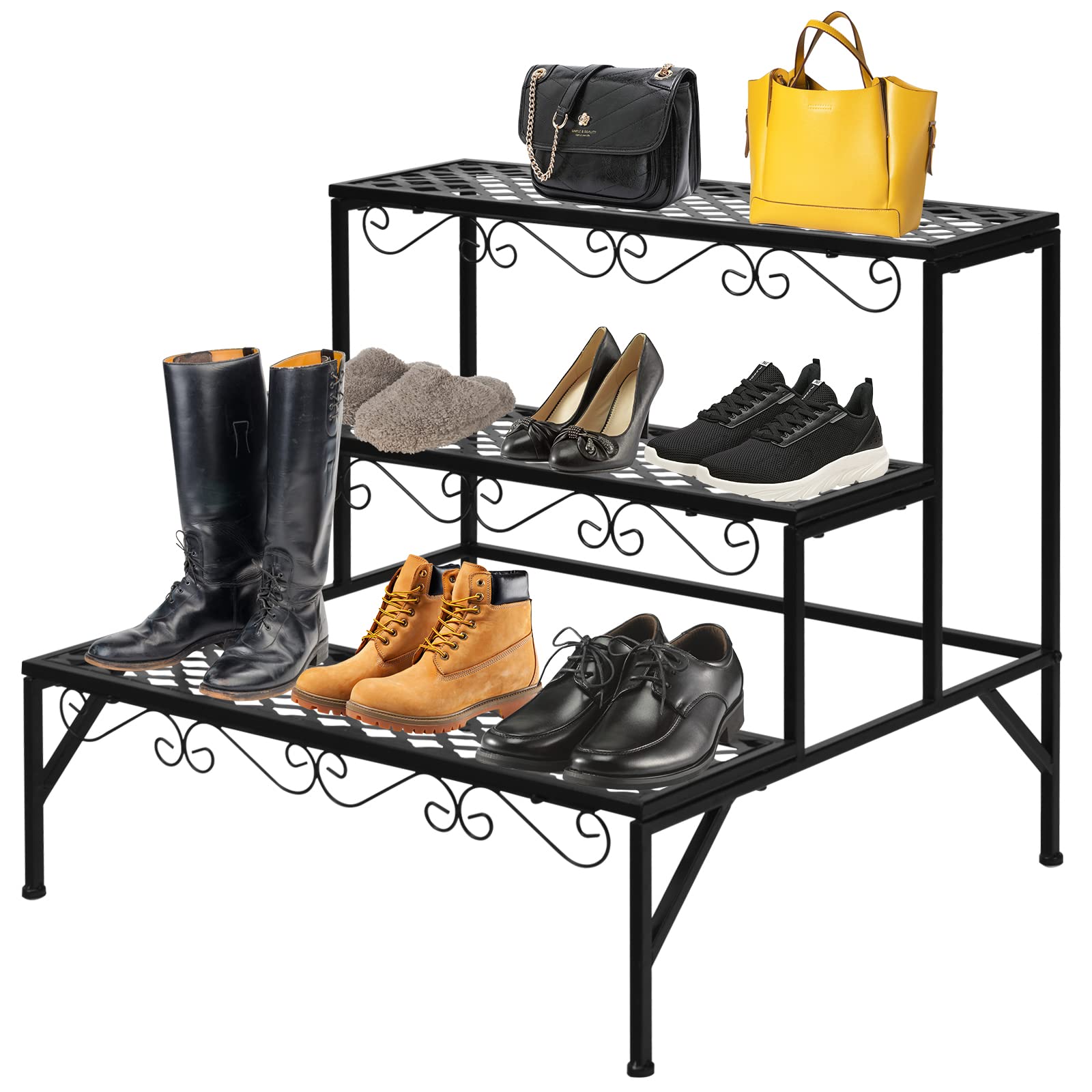 RELAX4LIFE Escalera para Flores de 3 Niveles de Metal, Soporte para Flores con Pies Antideslizantes, Estantería de Almacenamiento para Balcón, Terraza, Jardín, Salón, 70x60x60,5cm, Negro