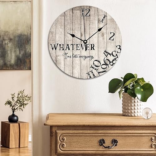 Miniatura 3 de Reloj de pared con texto en inglés Whatever I'm Late Anyways para pared, rústico, envejecido, de grano de madera blanca, PVC, silencioso, sin