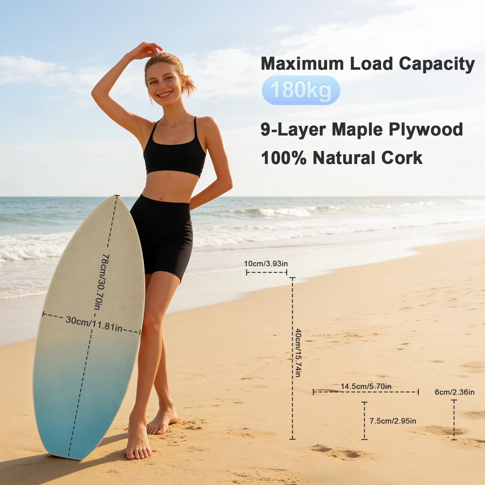 Surf Balance Board Set aus Holz, 3 in 1 Balanceboard mit Korkrolle, Halbkugel und Ball, Indoor Surfbrett für Erwachsene und Kinder, Fishtail Design mit Meeresblau Sandgelb Verlauf,180 kg belastbar
