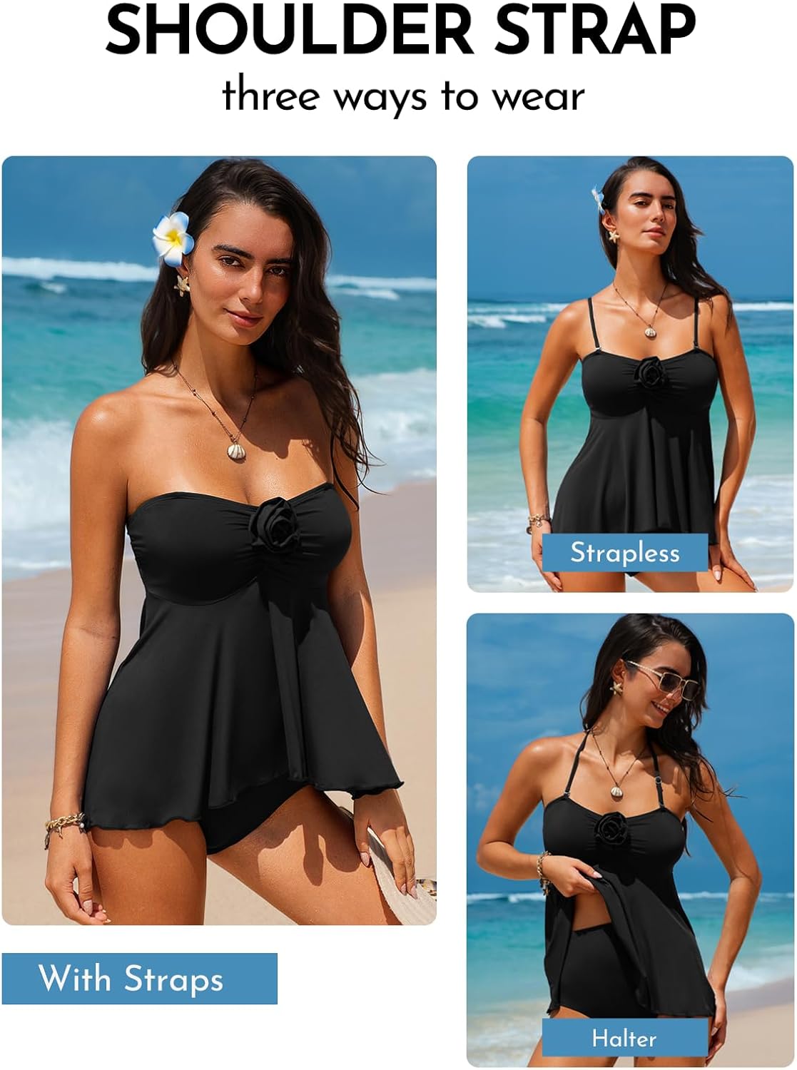 Aleumdr Womens Tankini Swimsuit Flower Flyaway Two Piece Bathing Suit Bandeau Swim Top with High Waisted Bottom - Image 6