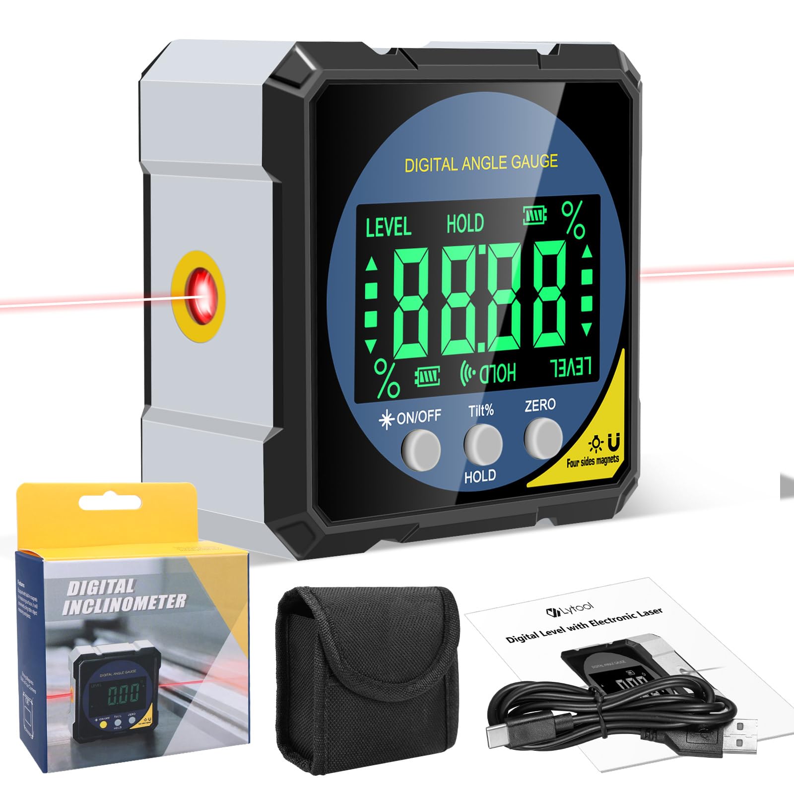 Digitaler Laser Winkelmesser, Lytool Neigungsmesser Laser Wasserwaage mit Vierseitigem Magnet, Doppelseitigem Laser- LCD Display, Type-C Schnittstelle- Magnetische Bevel Box für Holzarbeiten, Bau, DIY