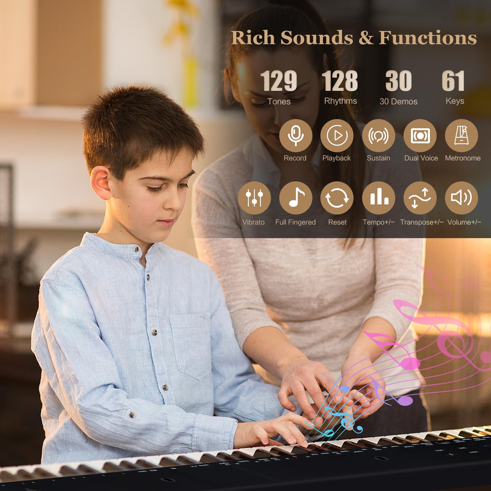 KOMFOTTEU Pianoforte Digitale 61 Tasti Semi-Ponderati, Tastiera Musicale con Supporto e Sgabello, Digial Piano con Tasti Semi-Pesati, Funzione Audio MIDI Wireless, Leggio, Pedale di Sustain e Borsa