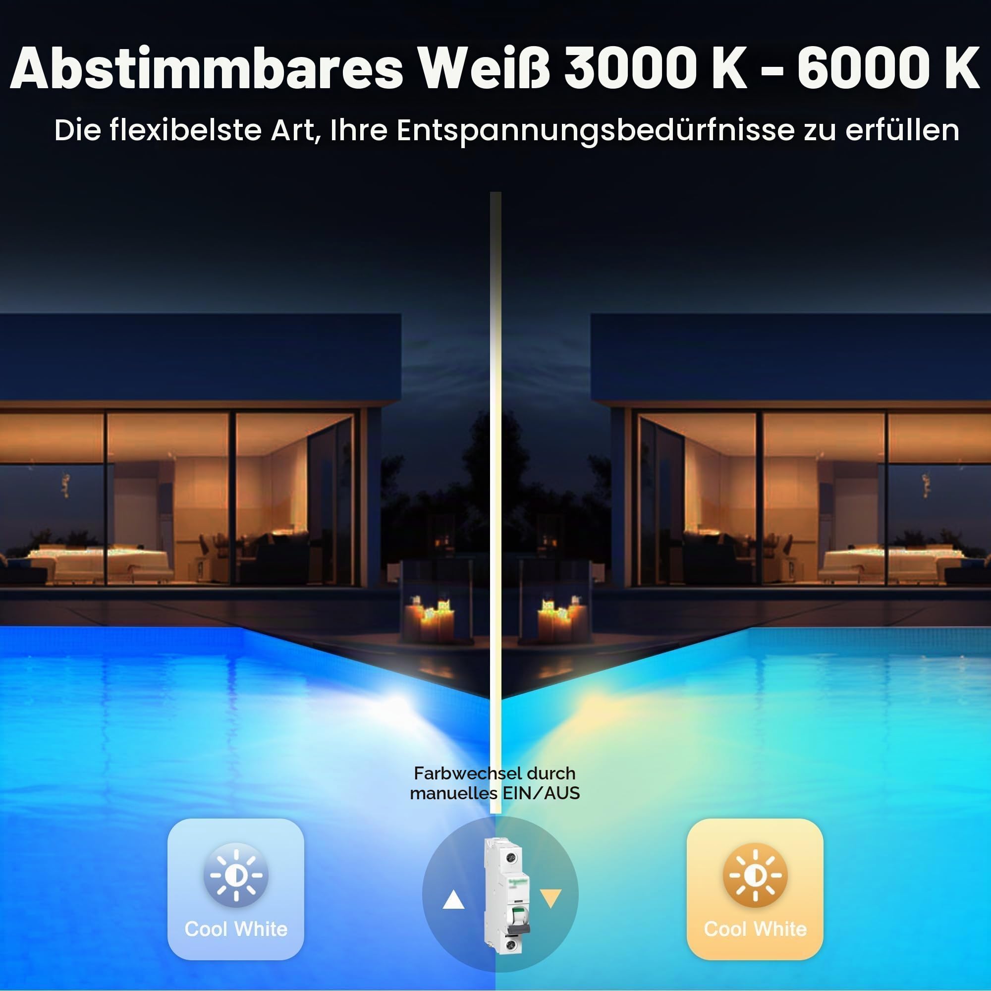 LyLmLe LED Poolscheinwerfer mit Außengewinde 2", 18W Poolbeleuchtung 2 Farben Schaltbar Weiß 3000K & 6000K, Ø242mm, 12V AC LED Poolstrahler Unterwasser für GFK Fertigbecken Aufstellbecken Holzpool