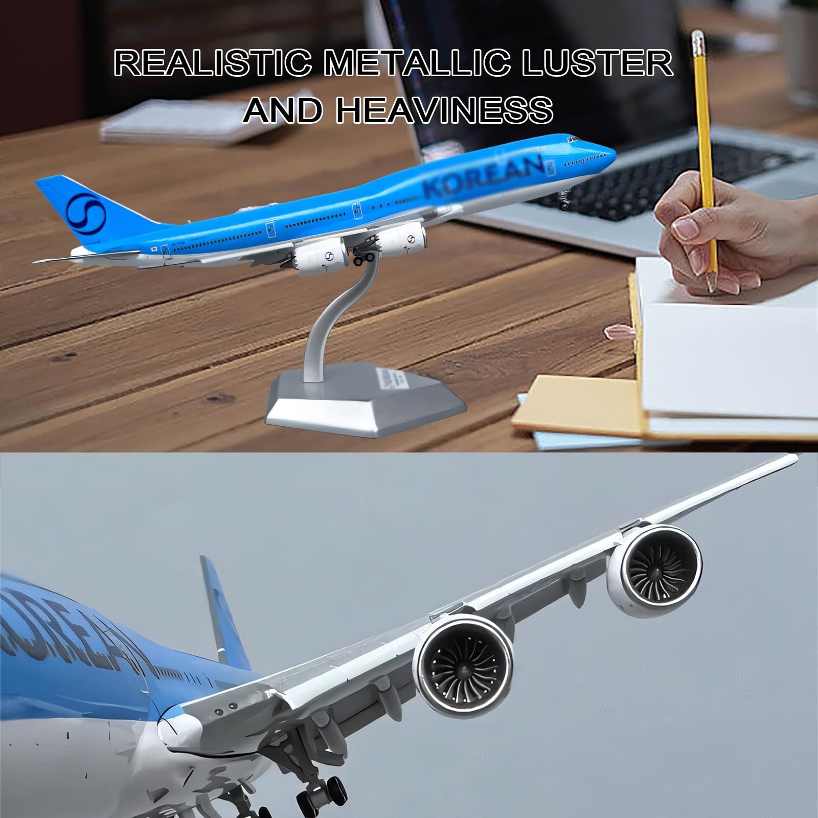 Modello aereo lega metallo pressofuso Korean Air B747 in scala 1/400 con livrea, carrello atterraggio mobile, ruote girevoli, espositore collezione, aereo for casa, ufficio, appassionato