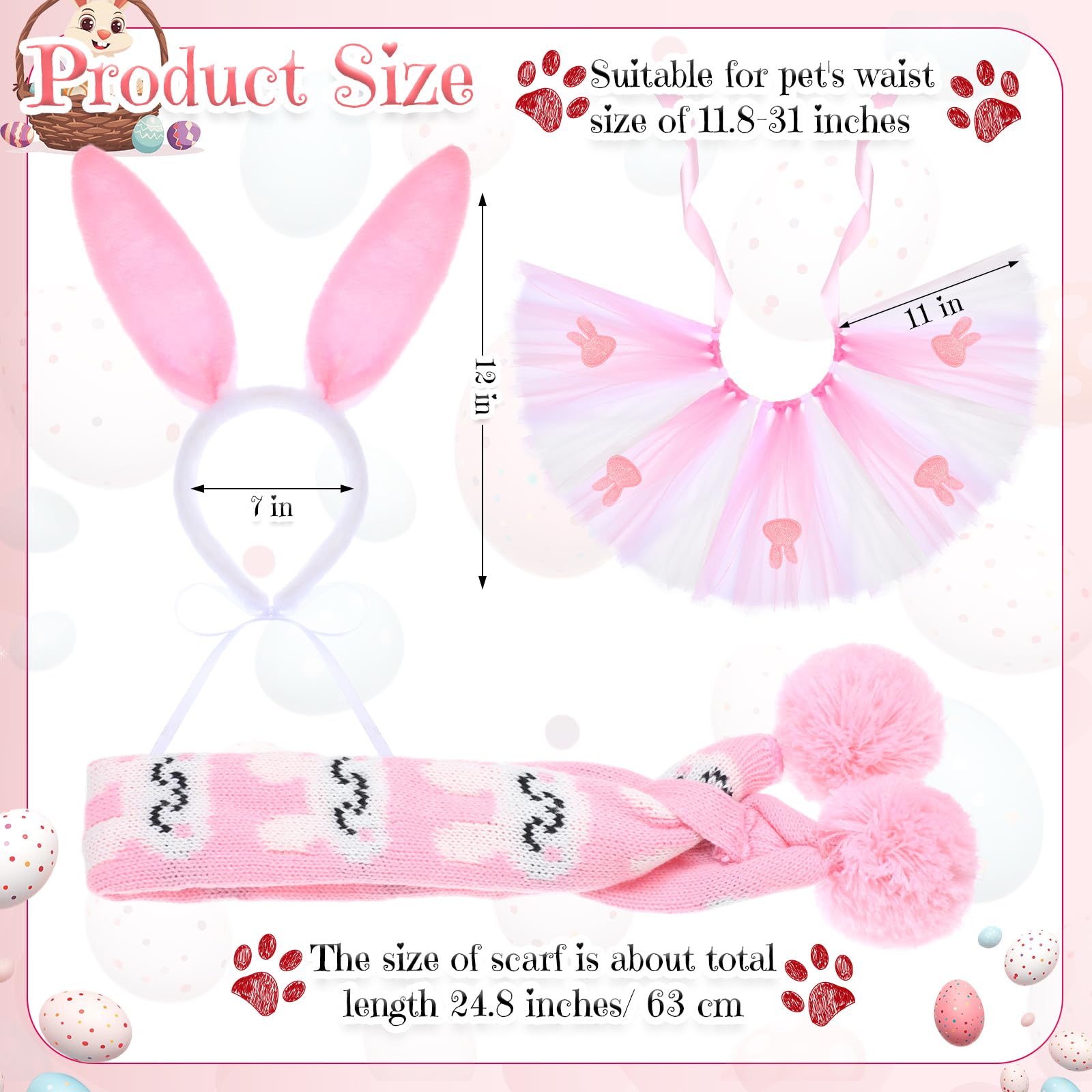 SilTriangle 3 Pieces Easter Dog Costume Set Including Easter Rabbit Ears Headband Easter Dog Tutu Dress Cute Pet Tutu Pink Easter Pet Scarf for Medium Dogs Holiday Outfit Accessory