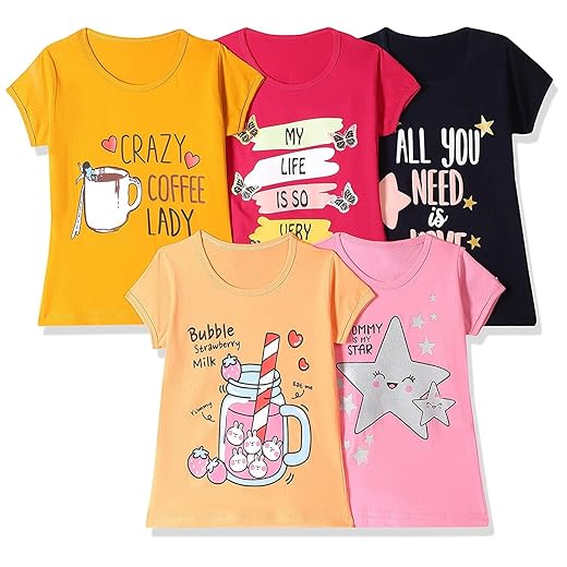 T2F Girl's Cotton Printed Regular T-Shirt(Pack of 5)