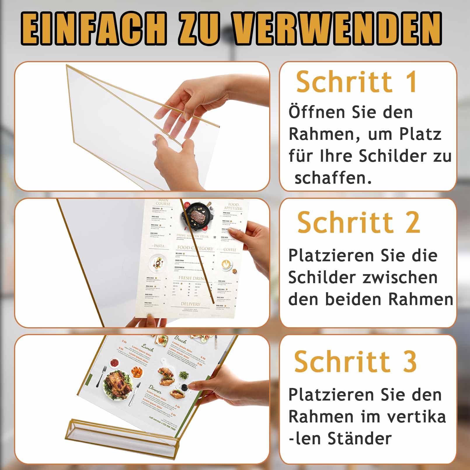 4 Stück Acryl Schilderhalter mit Goldrand,A4 Bilderrahmen mit Goldenen Rändern und Vertikalem Ständer,Tischaufsteller A4,Doppelseitige Bilderrahmen Gold für Hochzeitsti Schnummern,Restaurant