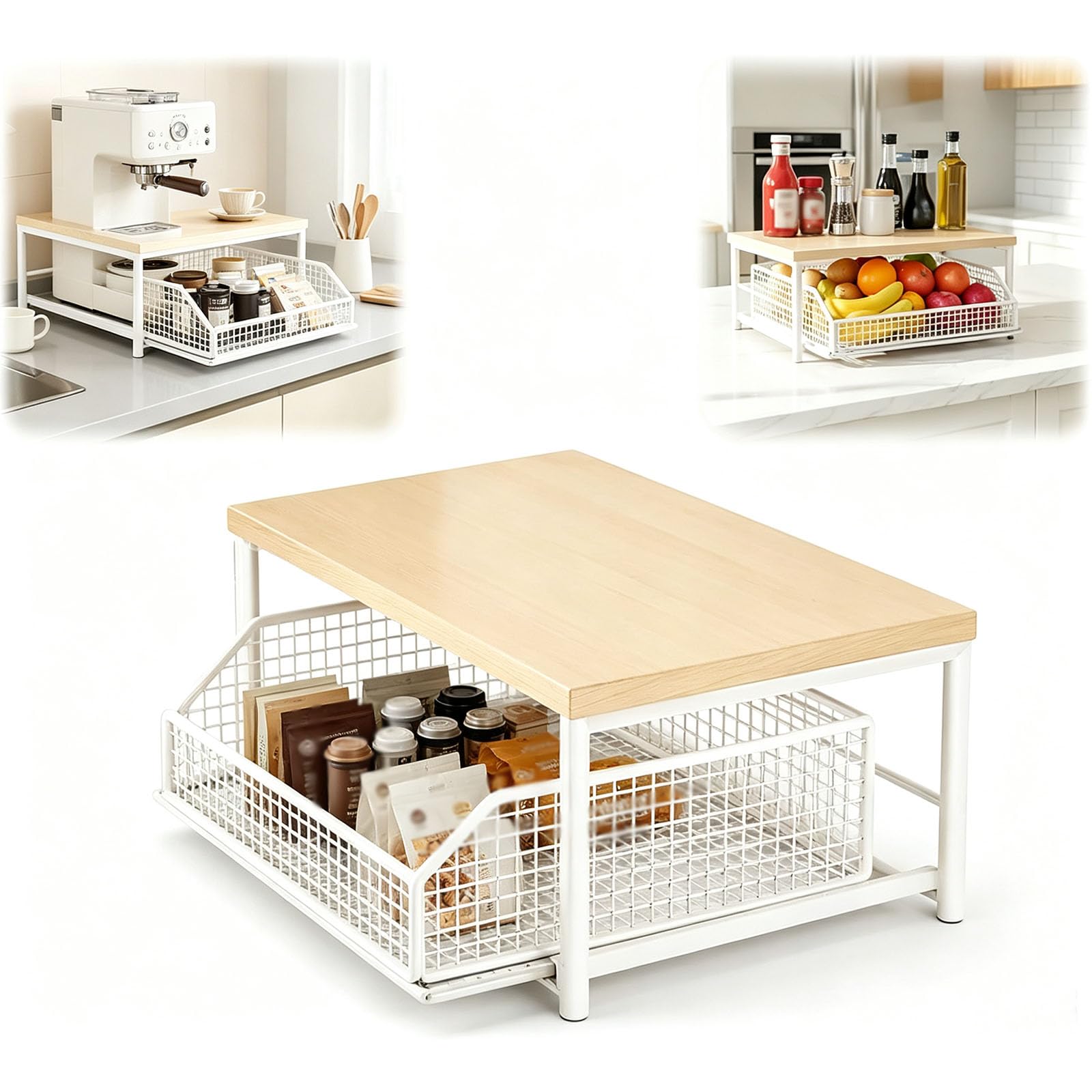 Organisateur De Comptoir De Cuisine Avec Tiroir Et Panier, Étagère De Rangement À Épices En Bois À 2 Niveaux Pour Coin Café, Condiments, Garde-manger, Salle De Bain, Bureau Et Comptoir, Noir