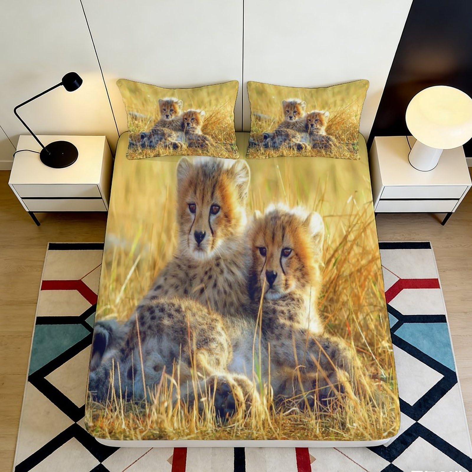 3D Printed Cheetah Cubs Fitted Sheet Microfiber Soft Breathable Savannah Grassland Mattress Cover for Bedroom Decor 90x200x25cm