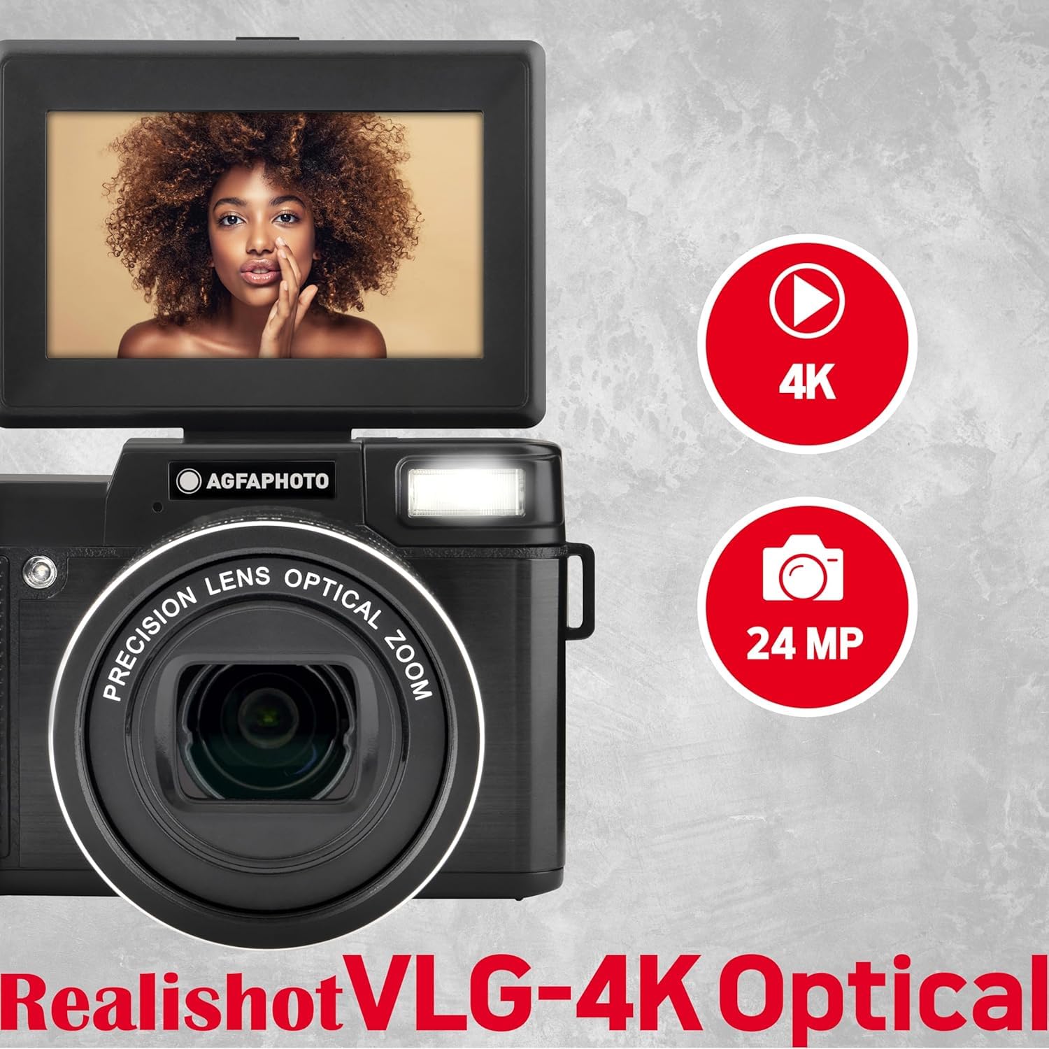 AgfaPhoto - Kit Vlogging tutto in uno: Fotocamera VLG-4K Optical, Treppiede Powerbank, Telecomando, Microfono e Scheda Micro-SD 32GB Inclusa - Immortalate con stile i vostri momenti in 4K! - Nero