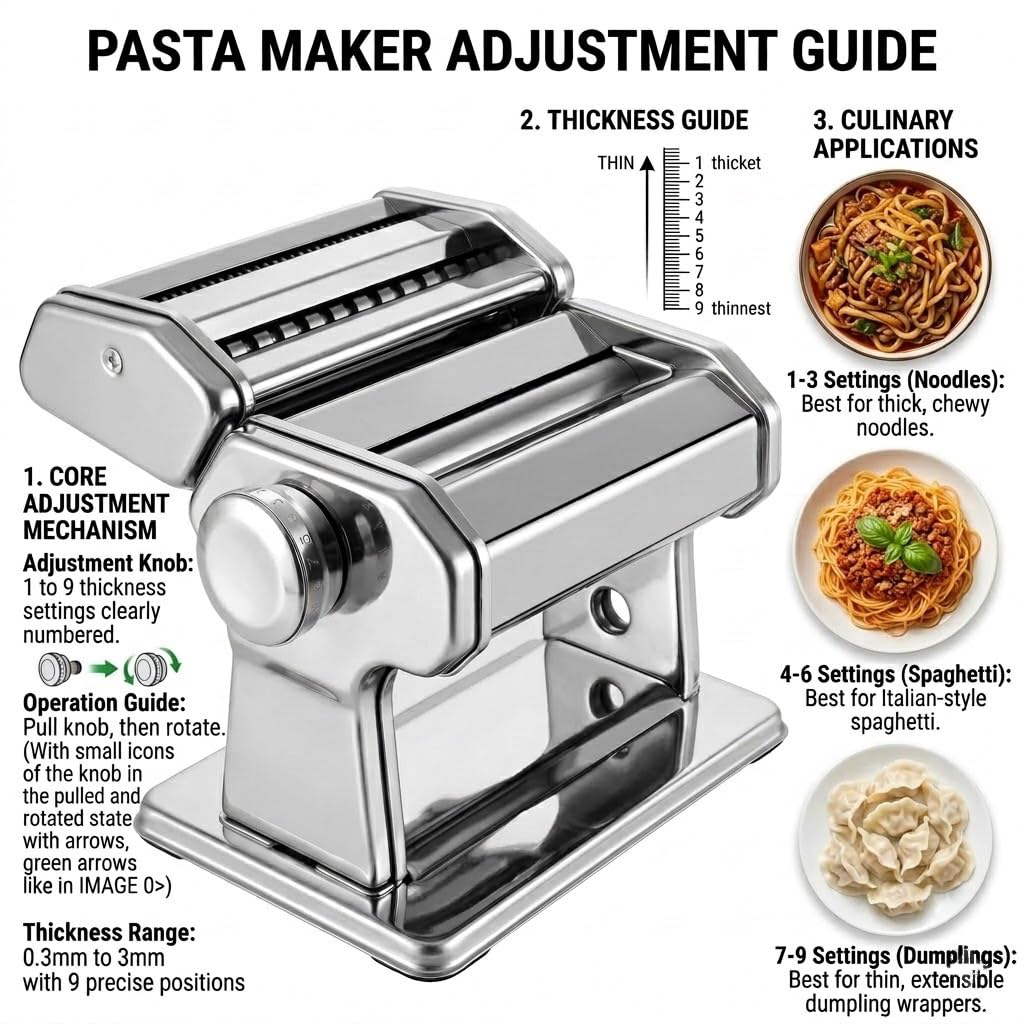 Nudelmaschine Pasta Maker 150 Aluminiumlegierung mit 9 Einstellbaren Stärkeeinstellungen und 2 Schneidern, Nudelmaschine Manuell für Spaghetti, Fettuccini, Lasagne, Geschenk (Silber)