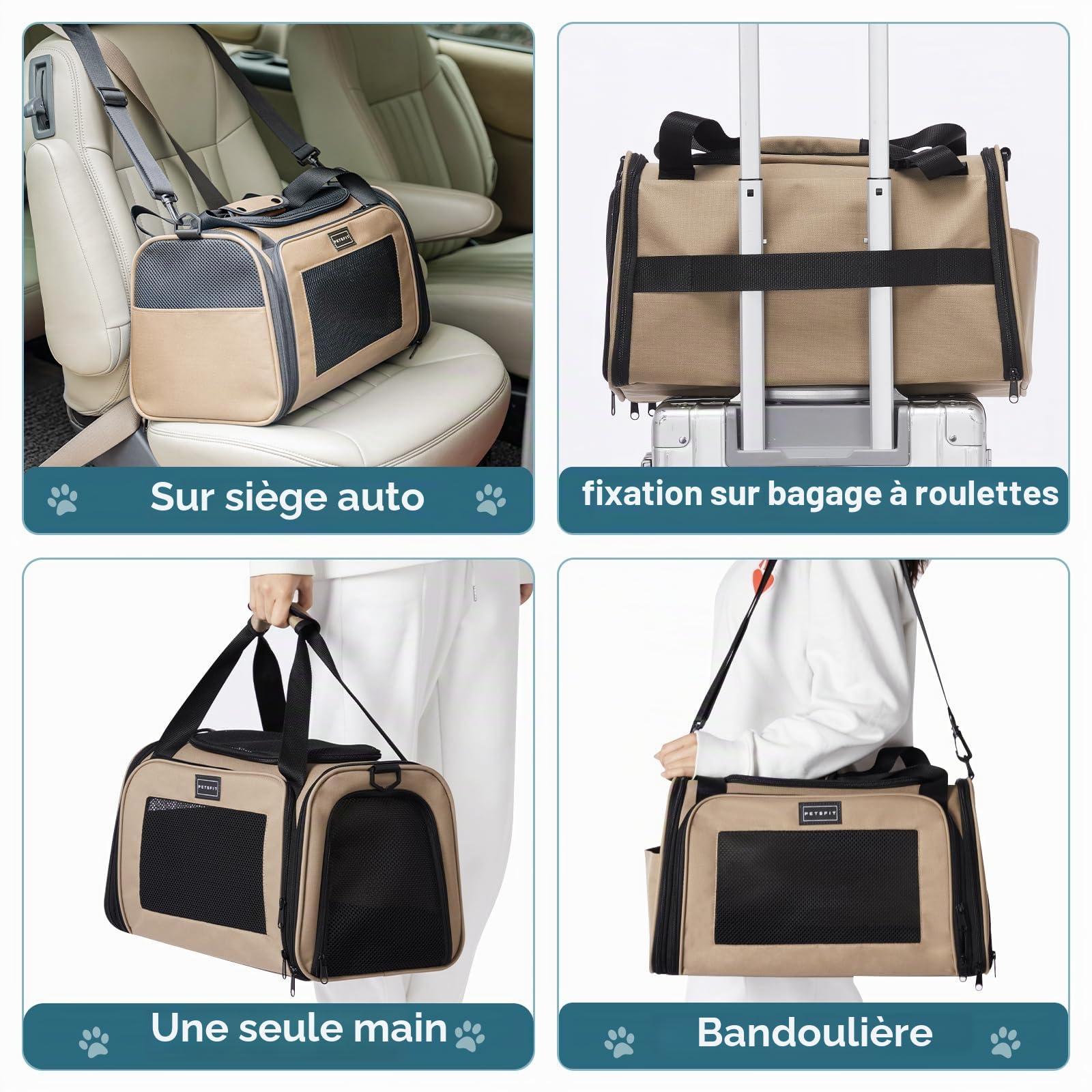 Petsfit Sac de Transport pour Chat et Petit Chien - Sac Transport Chat Léger avec Matelas Extensible et Sangle de Sécurité, Pliable et Aéré (S/Kaki)