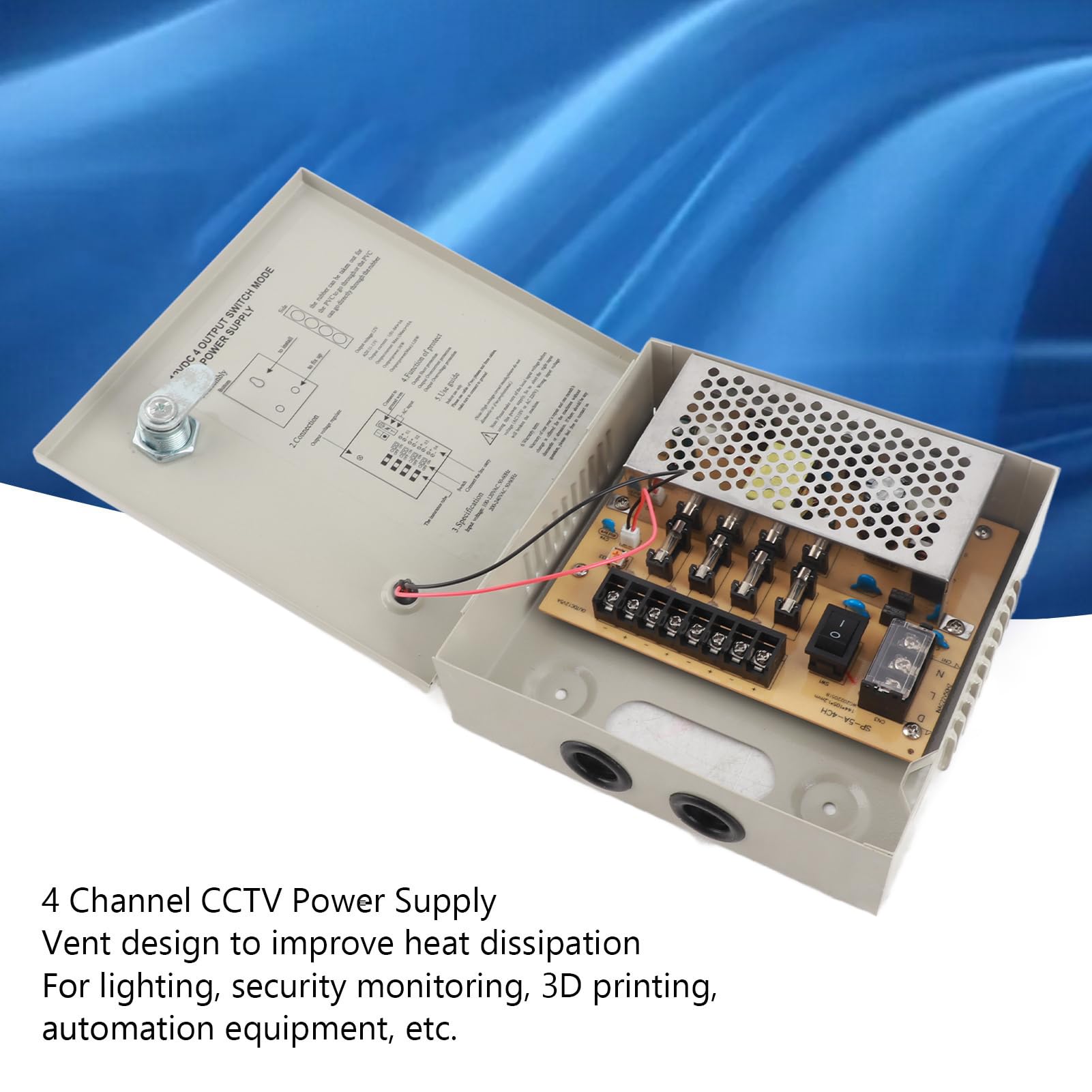 Caja de Alimentación CCTV 12V 4 Canales con Cerradura, Fuente de Poder de Metal para Cámaras de Seguridad, DVR, Protección contra Sobrecarga