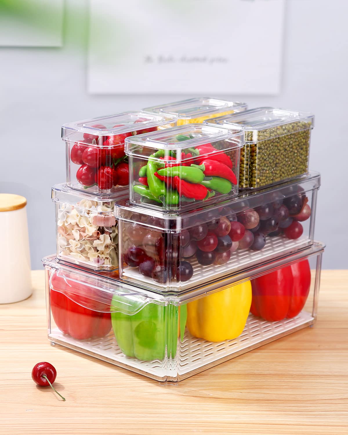 Set di 7 organizer per frigorifero (3 dimensioni), impilabile, piccolo contenitore per frigorifero con maniglia, contenitore trasparente per dispensa, congelatore, armadio, cassetto, senza BPA