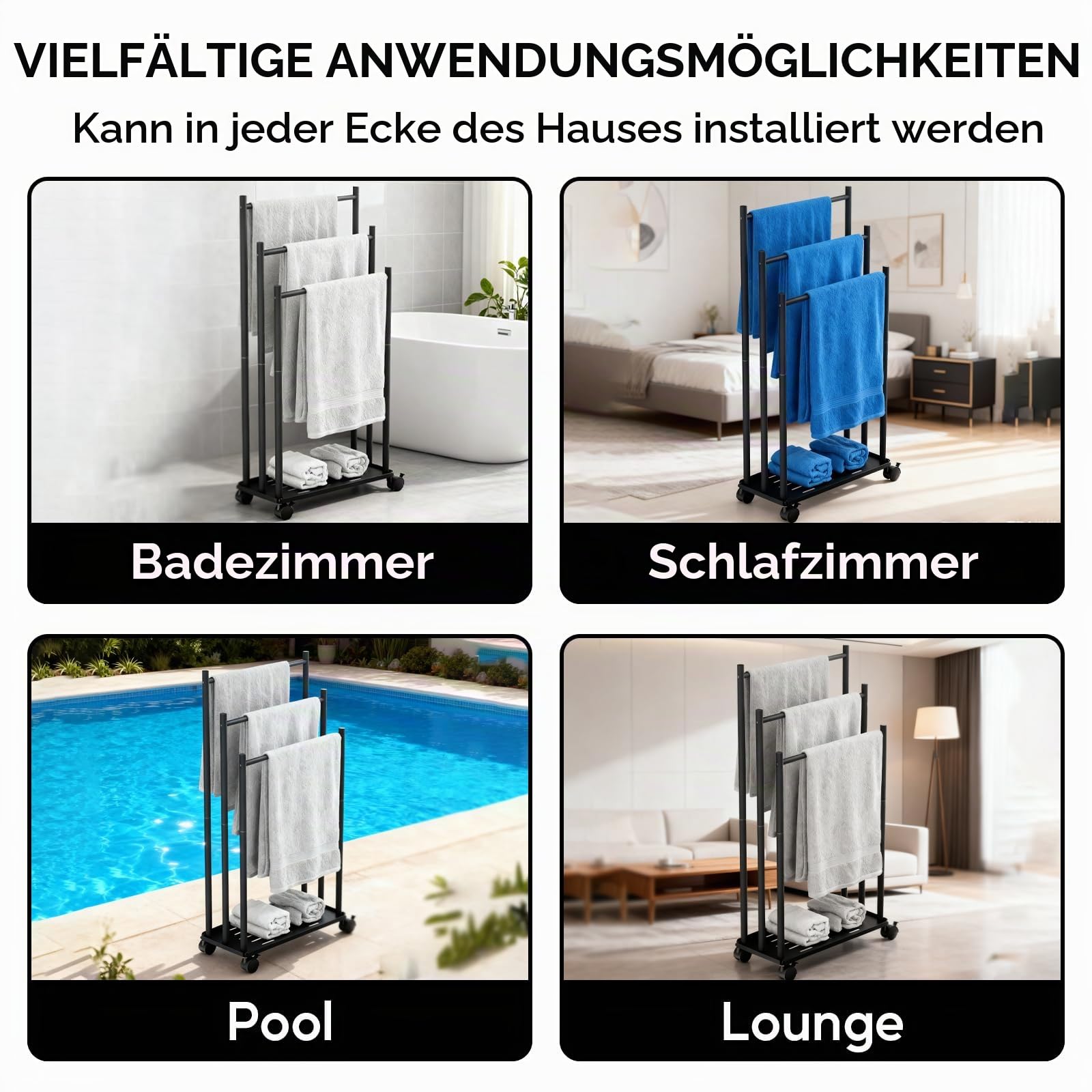 Handtuchhalter Stehend mit Rollen, Metall Handtuchständer mit 3 Stangen, Freistehend Badetuchhalter für Badezimmer Ohne Bohren mit Regalen, Platzsparender Handtuchstange für Badezimmer, Wohnzimmer