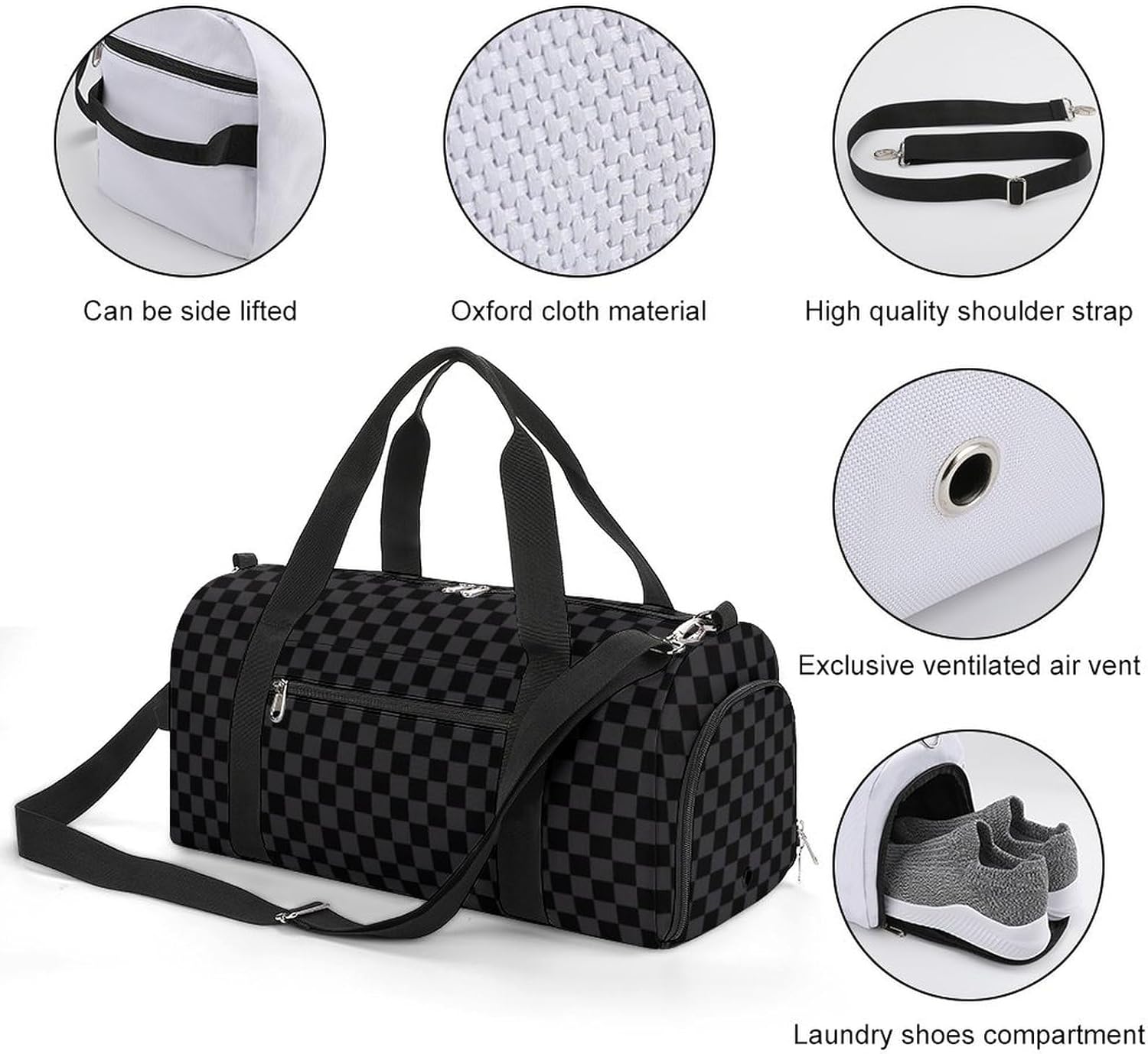 Black Checkered flag Sport Gym Duffle Travel Bag with Shoe Compartment,Wet Pocket for Men and Women - Image 3