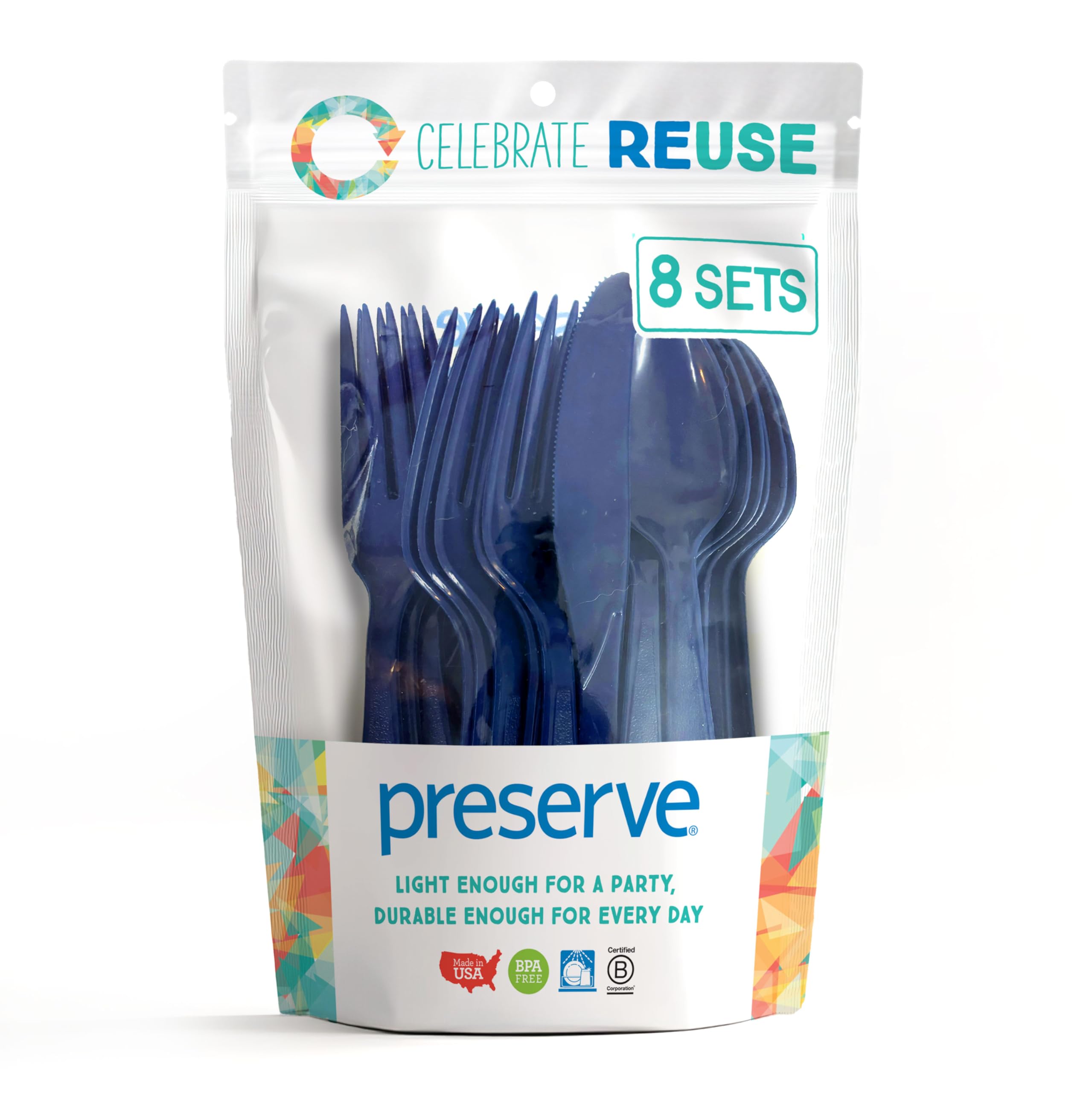 Preserve On the Go Cutlery Set: 8 Forks, 8 Knives, 8 Spoons Kitchen Supplies, 24 Piece, Midnight Blue