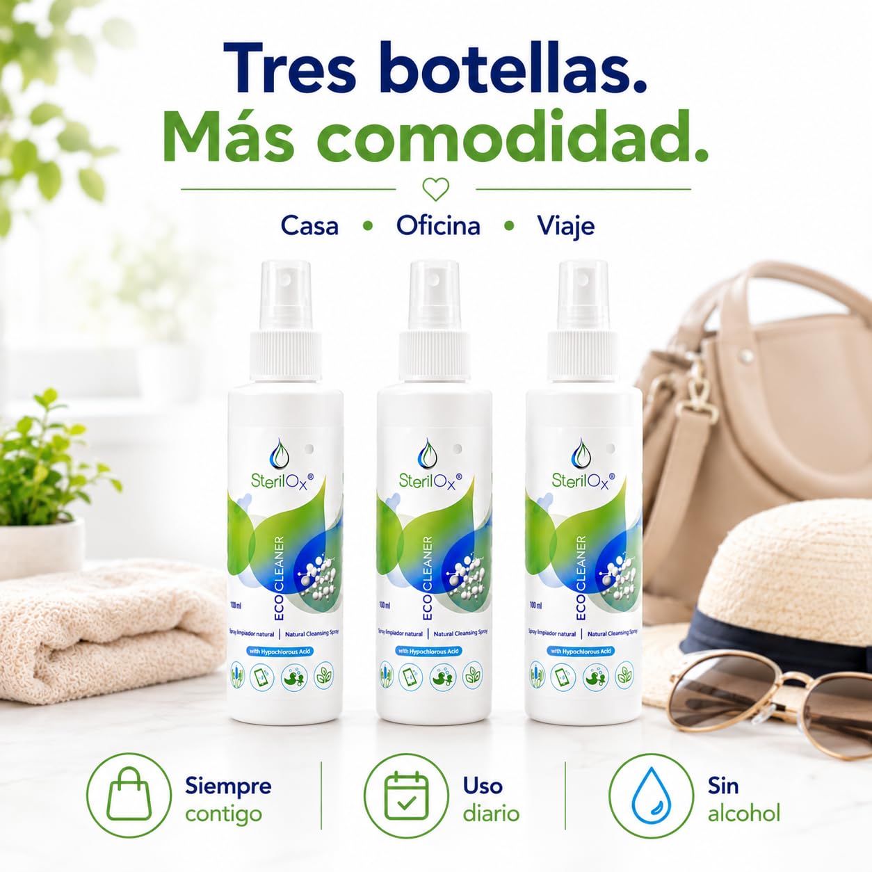Spray 3 x 100 ml – Pack Cosmético con Ácido Hipocloroso | Para Manos, Piel y Objetos Personales | Seguro para Niños y Mascotas – Sin Alcohol ni Perfume