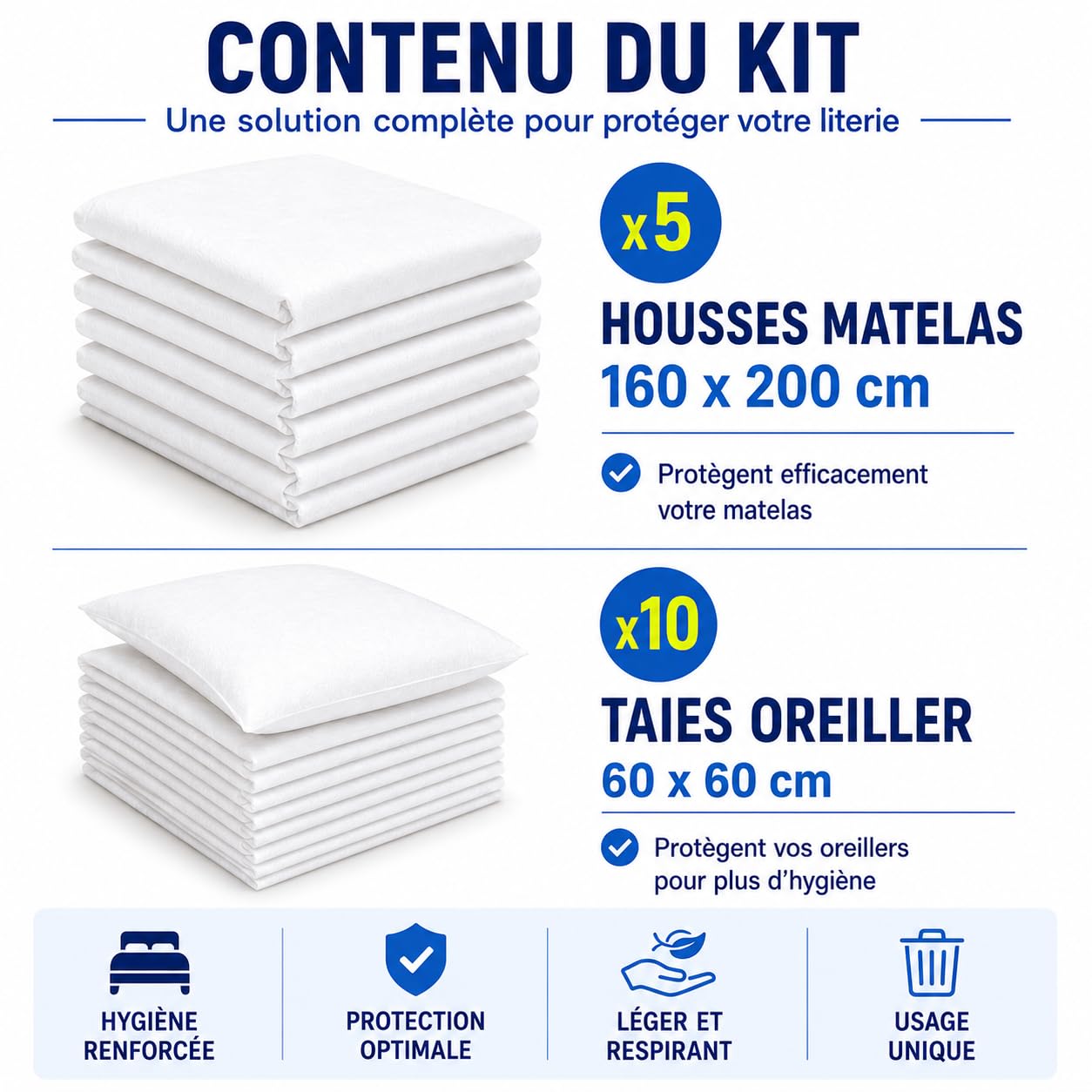 Kit biancheria da letto usa e getta – 5 fodere materasso 160 x 200 cm e 10 federe 60 x 60 cm – non impermeabile, protezione biancheria da letto – lenzuolo con angoli monouso – turismo e medico