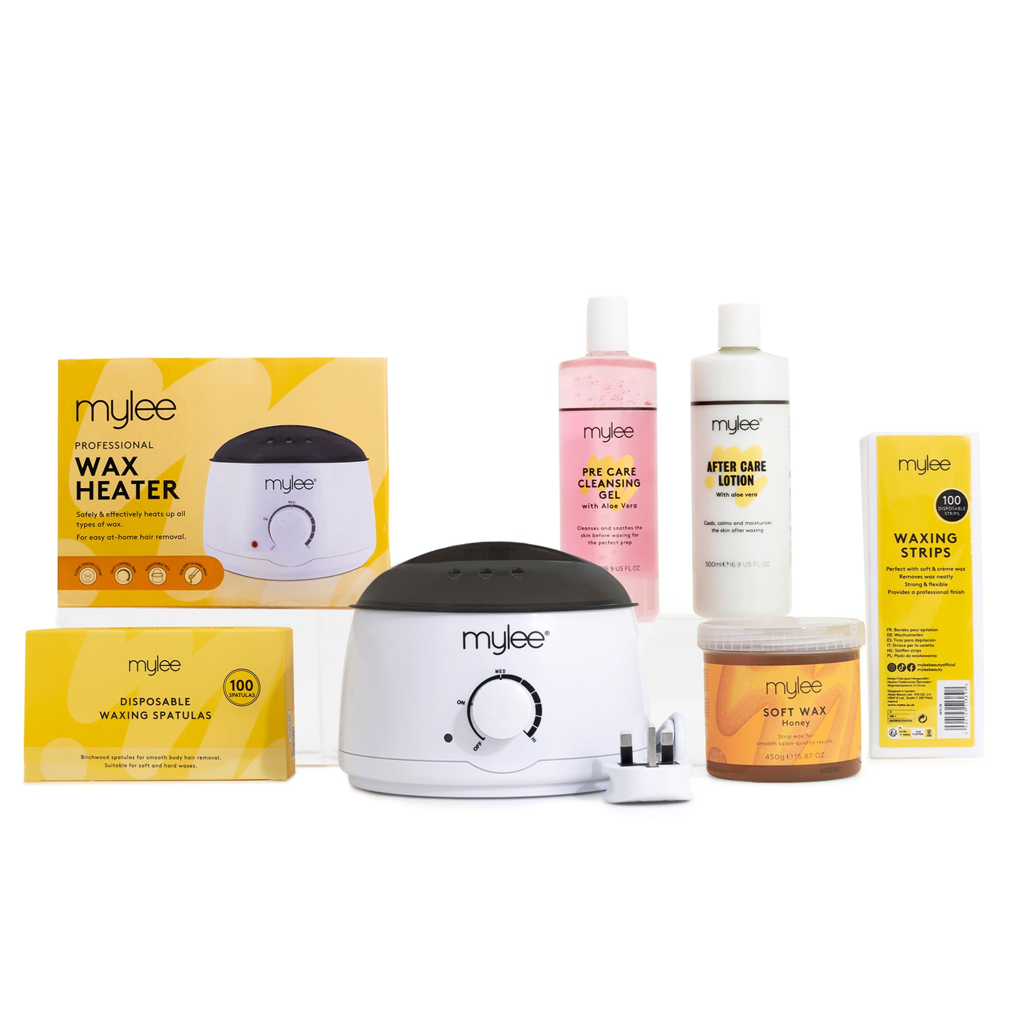 Mylee Complete Waxing Kit, Includes Salon Quality Wax Heater, Soft Cream Wax, Waxing Strips, Spatulas and Mylee Pre & After Care Lotion (Honey)
