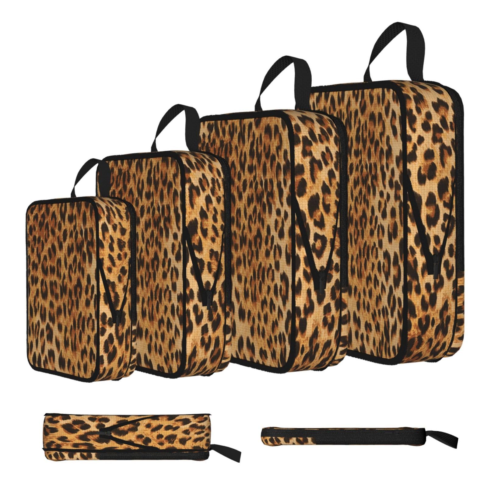 Leopard Print Print 4 Set Compression Packing Cubes For Suitcases,Expandable Storage Bags Organizers