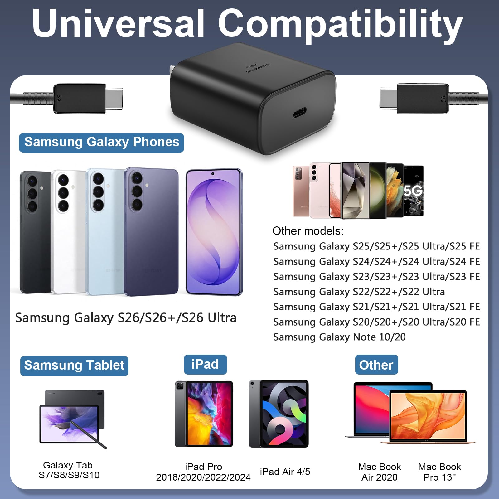 Cargador Samsung de 45 W, Cable USB Tipo C de Carga súper rápida de 6.6 pies con Bloque de Cargador de teléfono Android para Samsung Galaxy S24 Ultra/S24/S24+/S23 Ultra/S23/S23+/S22