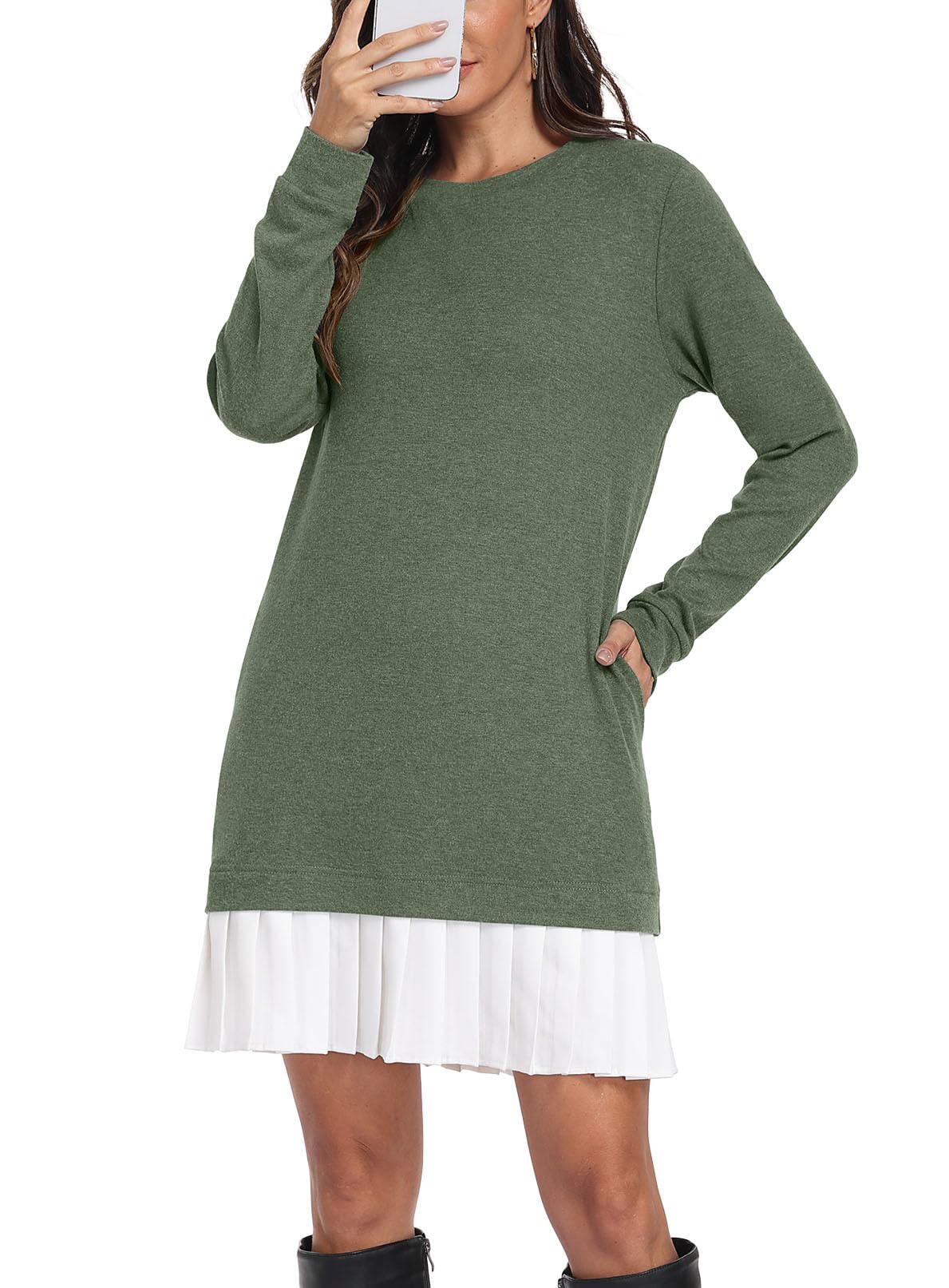 PrinStory Fall Dresses for Women Casual Long Sleeve Crewneck Mini Dress Tunic Top with Pockets 2025