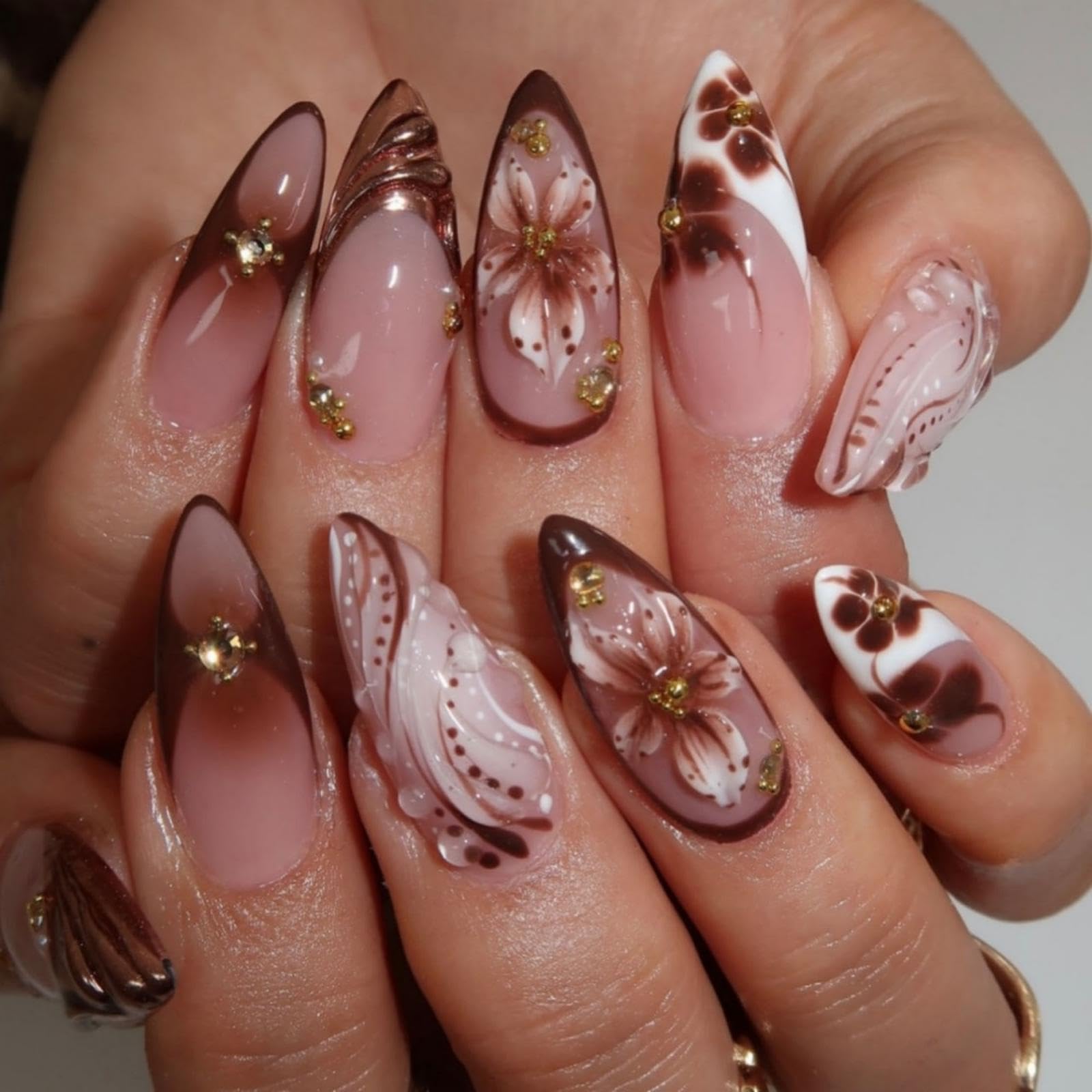 French Tip Press on Nails Medium Almond Fake Nails White Brown Nails Press Ons Brown Flower False Nails with Gold Rhinestones Design Glossy Glue on Nail Acrylic Stick on Nail for Women Set 24Pcs