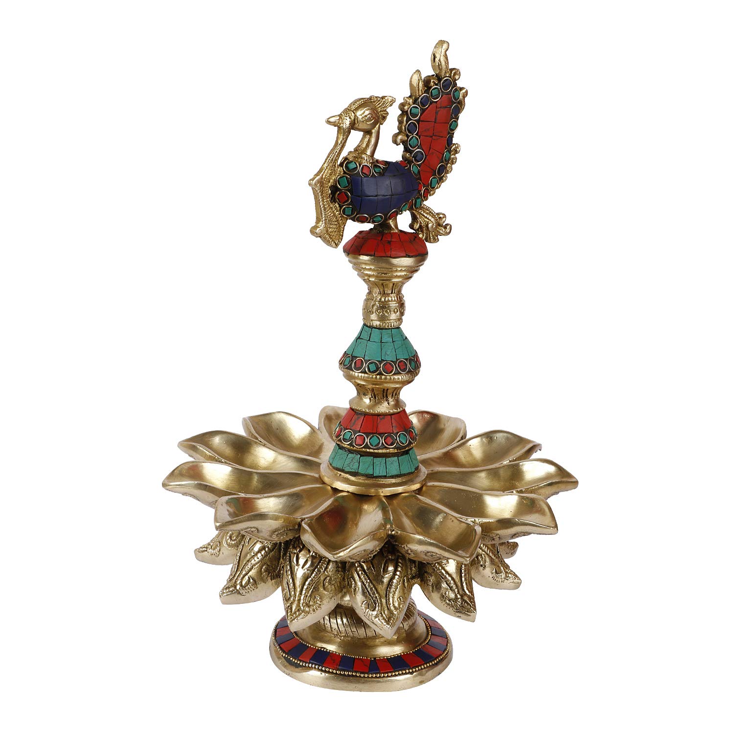 Kartique Brass Diyas for Puja : Peacock Oil Lamp Diya with Table Stand for Decoration in Home Temple Mandir Multicolor Stone Work Height 12.5 Inch