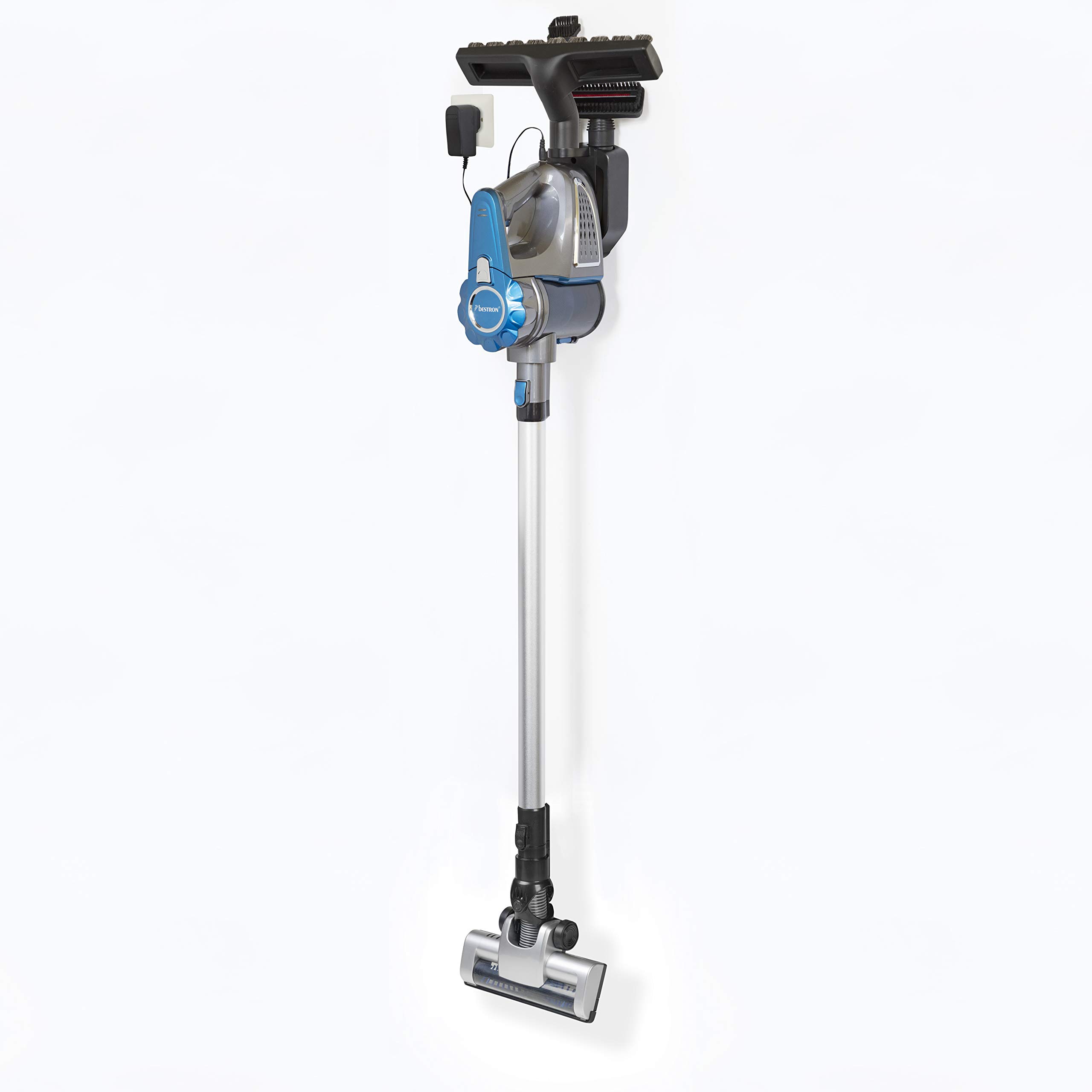 Bestron Aspiradora de Mano Inalámbrica con Tubo Telescópico, Sin Bolsa, Capacidad: 0,6 L, 120 Vatios, Azul/Gris