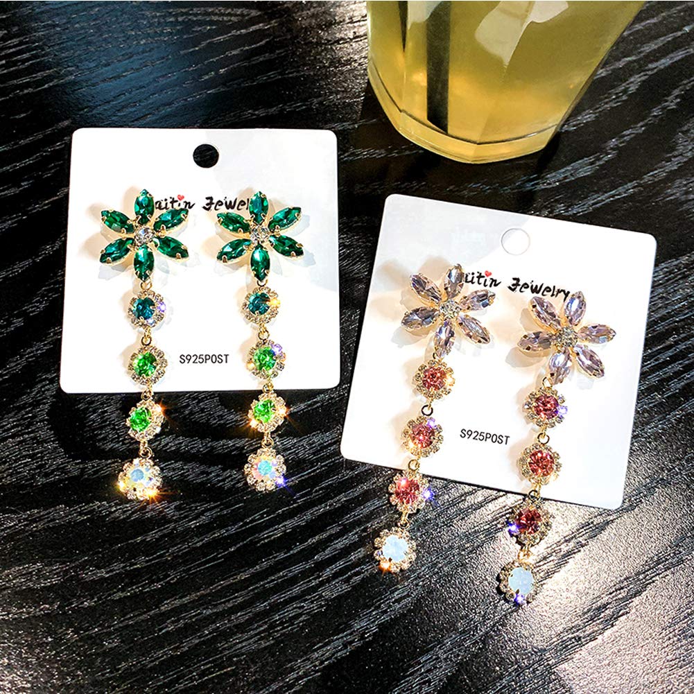 CMBSSTFC Orecchino ad ago in Argento Sterling S925 Petalo con Strass Lucidi orecchino a Bottone Lungo con Nappa da Donna Gioielli ipoallergenici