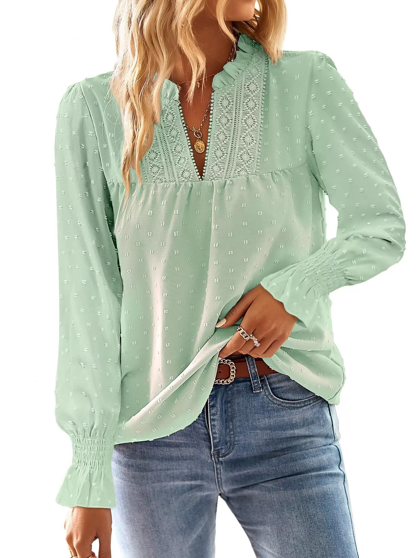 TUUHAW Langarmshirt Damen Herbst Boho Top Oberteile Fließend Elegant V-Ausschnitt T Shirt Süß Lässig Outfits Frühling Winter Longshirt Spitze Kleidung Paspel Volant