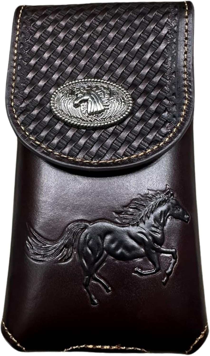 Western Leather Phone Holster – Basketweave Tooled with Embossed Stallion & Horse Concho – Belt Loop Cell Phone Case for Cowboys