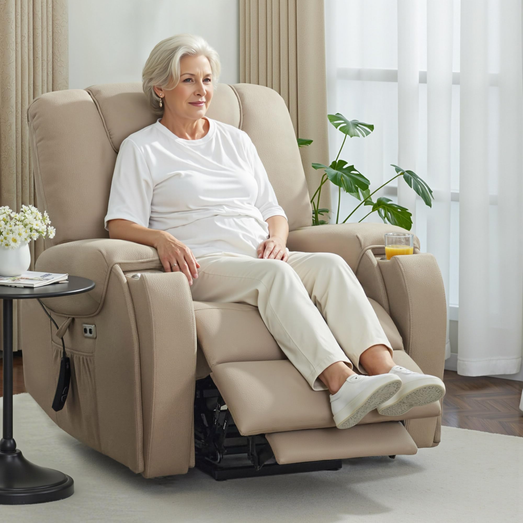 M MCombo Fauteuil TV avec Fonction releveur électrique, avec Massage et Chauffage, Fauteuil Relax avec Fonction inclinable jusqu'à 145°, Porte-gobelets cachés 7252 (Microfibre, Beige-Brun)