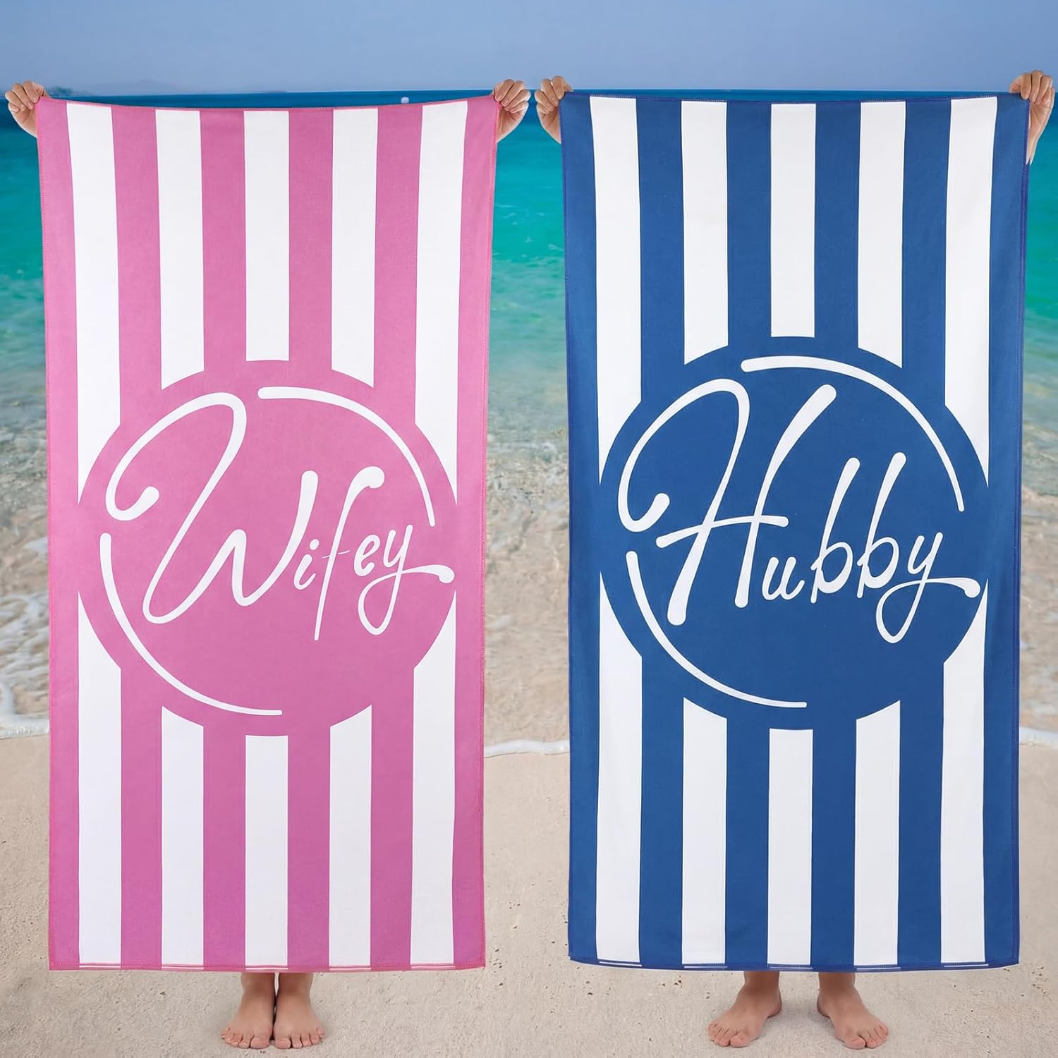 Bride Beach Towel Set of 2 Wifey and Hubby Wedding Beach Towel for Bride Groom 60 x 30 Inch Newlywed Bridal Shower Honeymoon Gifts for Couples Blue and Pink Stripe(Seashell)