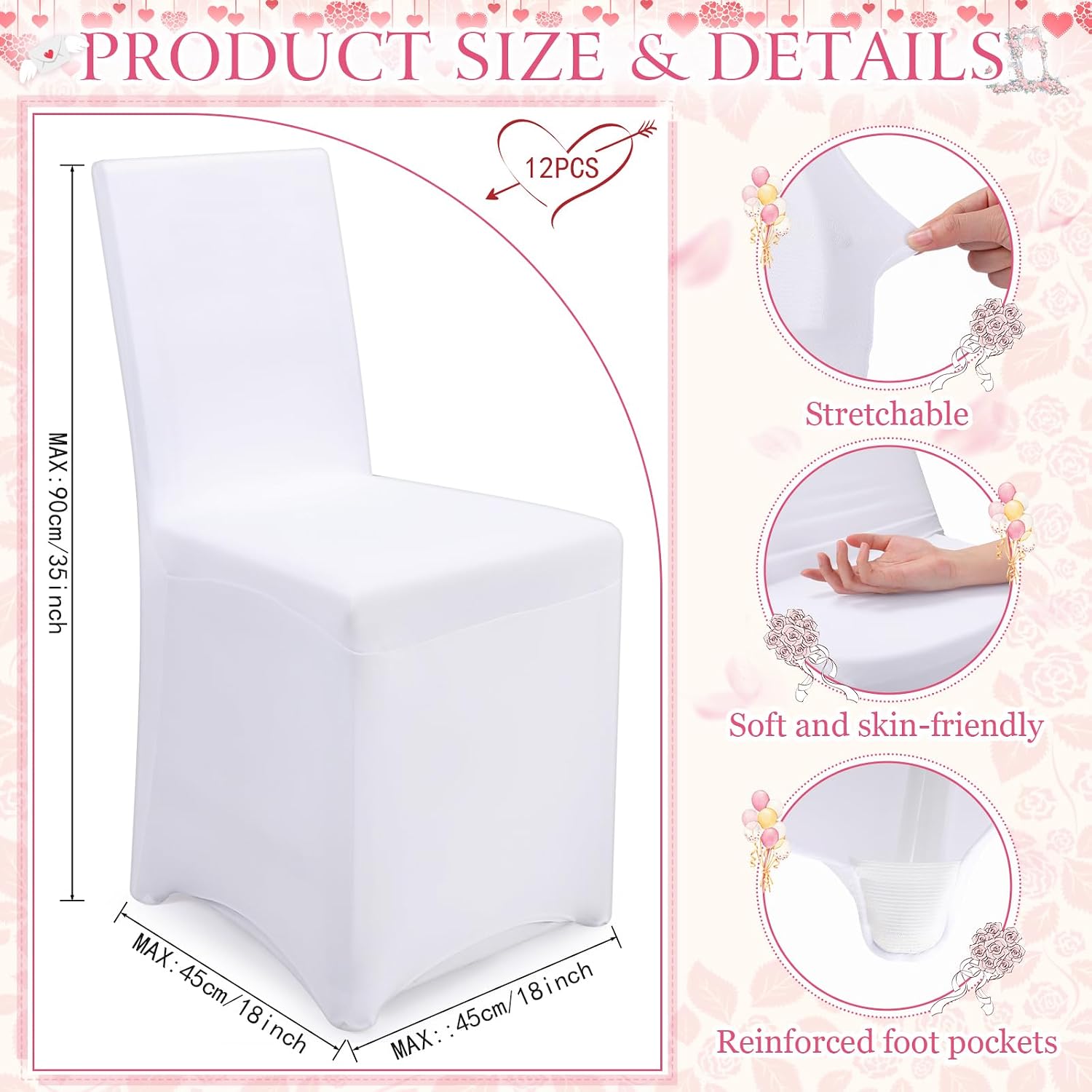 Moukeren 24 Pcs Folding Chair Cover Set with 12 White Spandex Stretch Slipcovers 12 Bows Chair Sashes Washable Chairs Protectors for Wedding Party Banquet Anniversary Events Dining Decor(Pink)