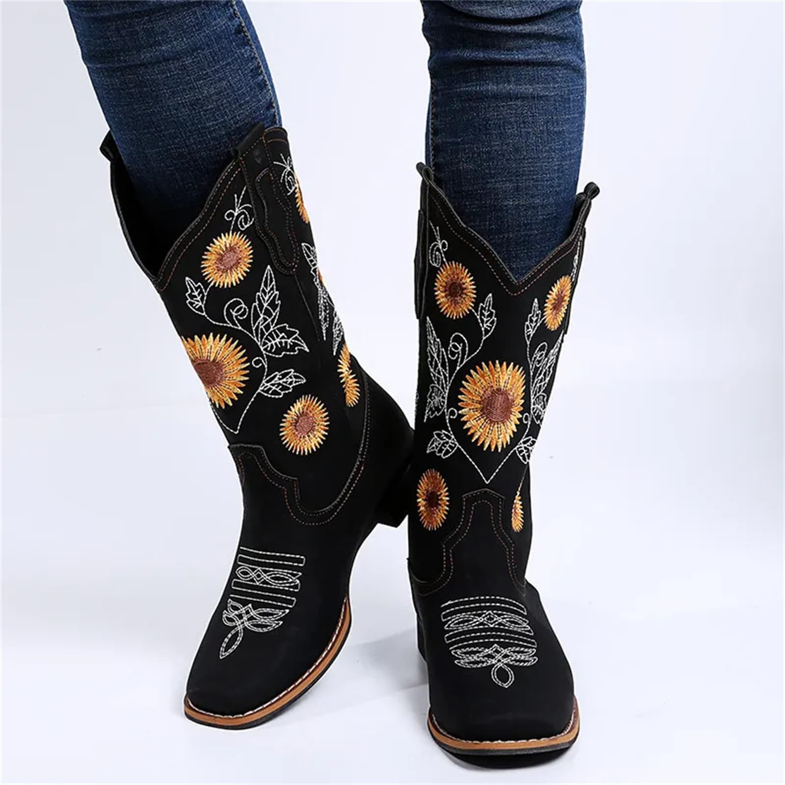 Lmtossey Donne Fiore Ricamo Scarpe Slip-On Stivali da Equitazione Lady Square Heel Mid-Polpaccio Boot Femminile Inverno Sottile Peluche Scarpa